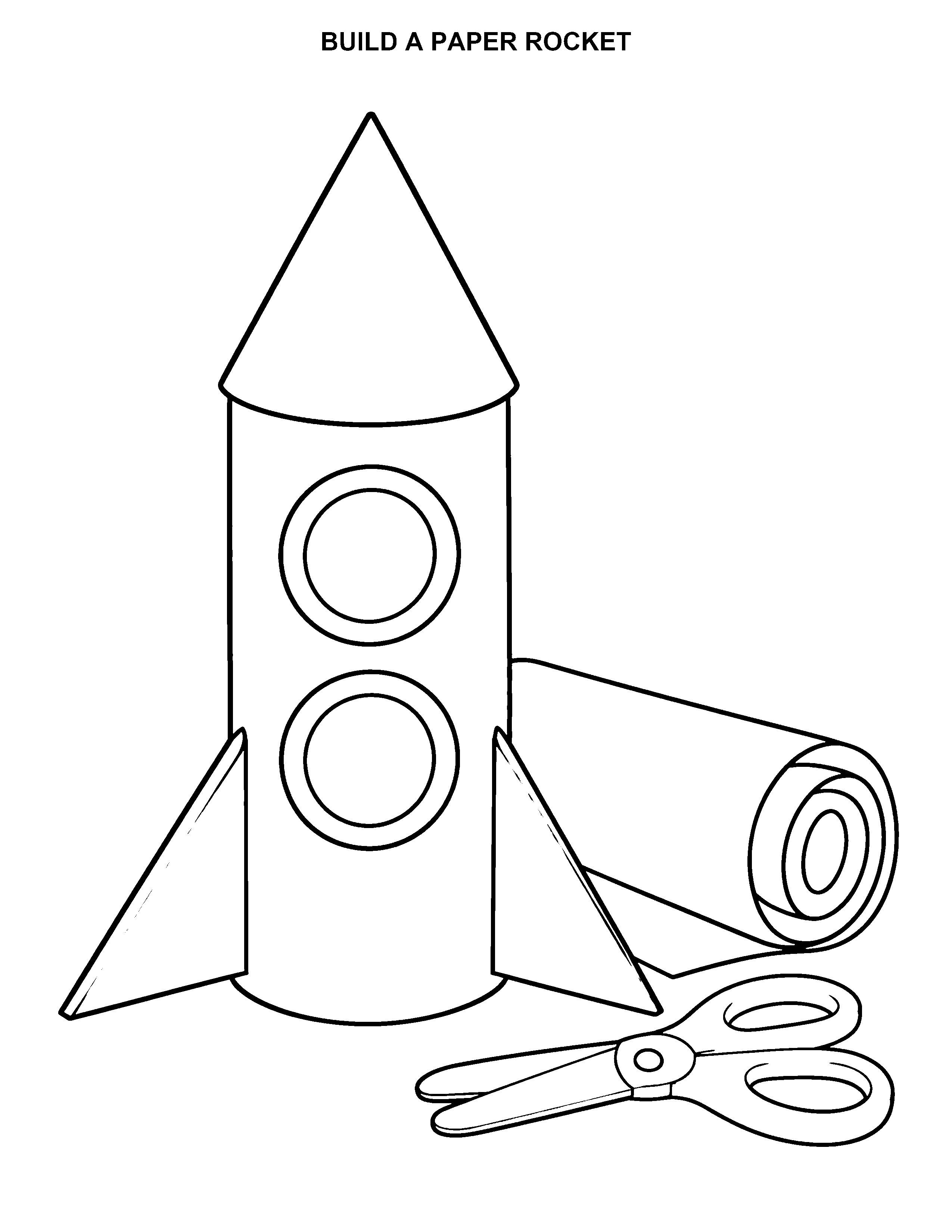 Build a Paper Rocket black-and-white printable coloring page