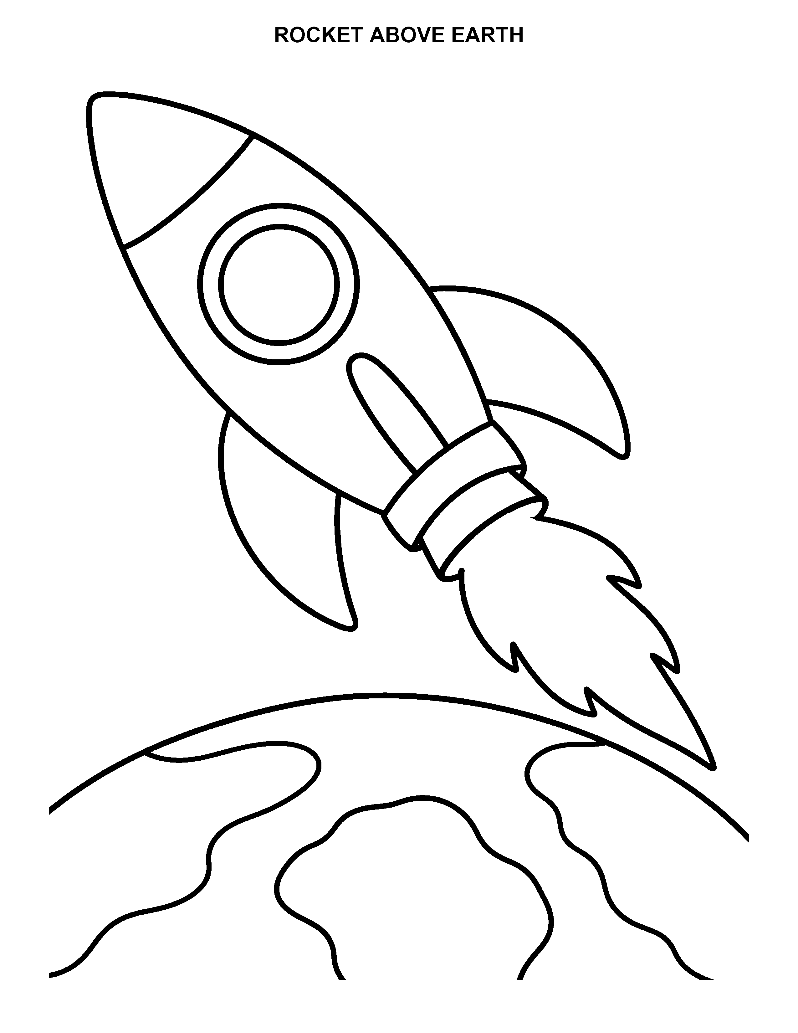 Rocket Above Earth black-and-white printable coloring page