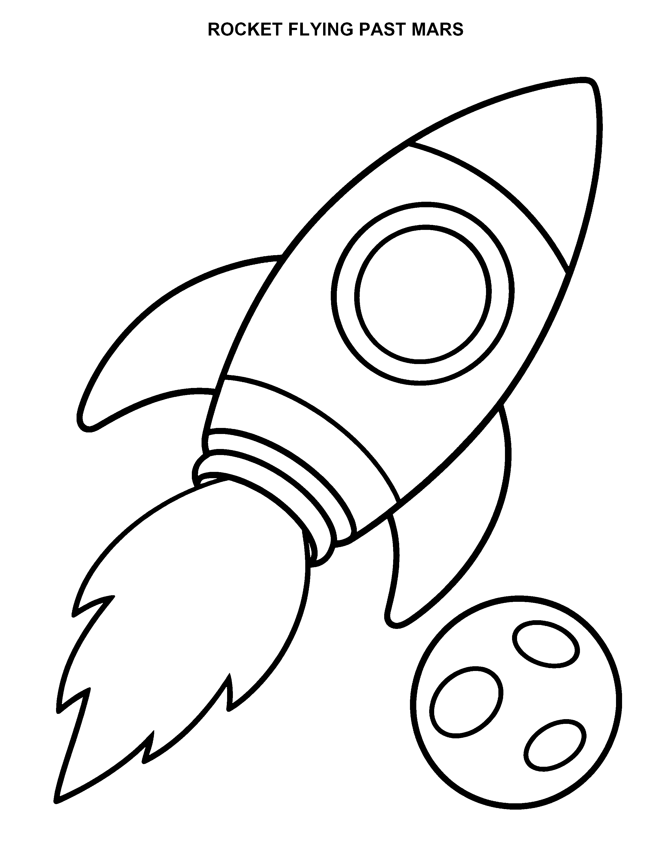 Rocket Flying Past Mars black-and-white printable coloring page