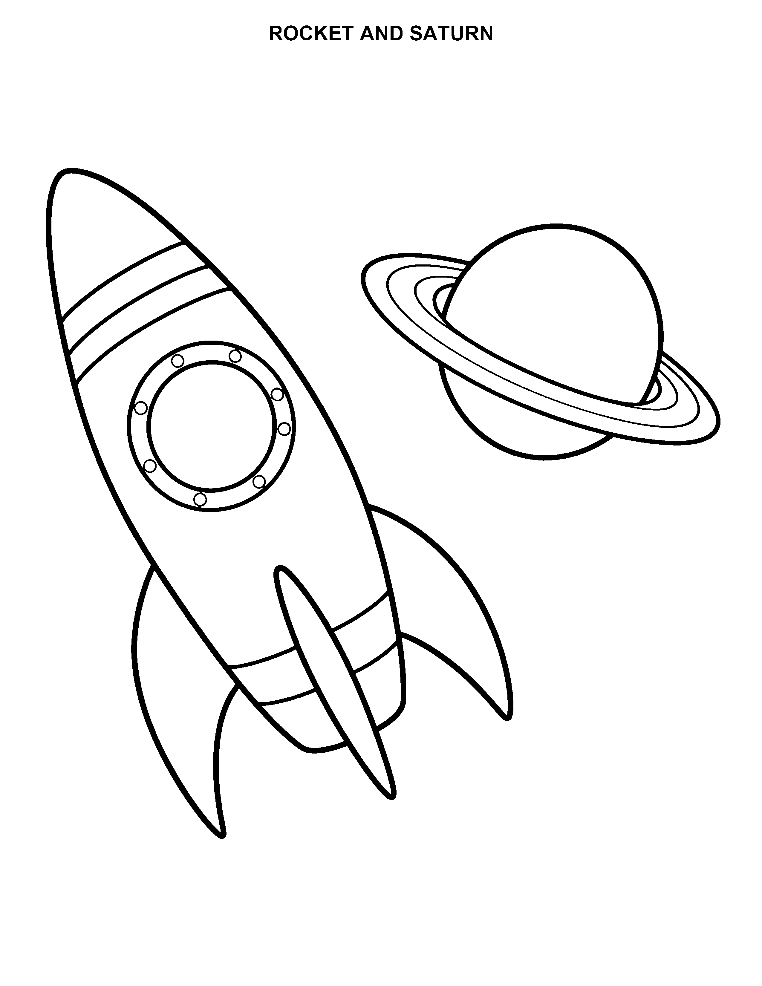 Rocket and Saturn black-and-white printable coloring page