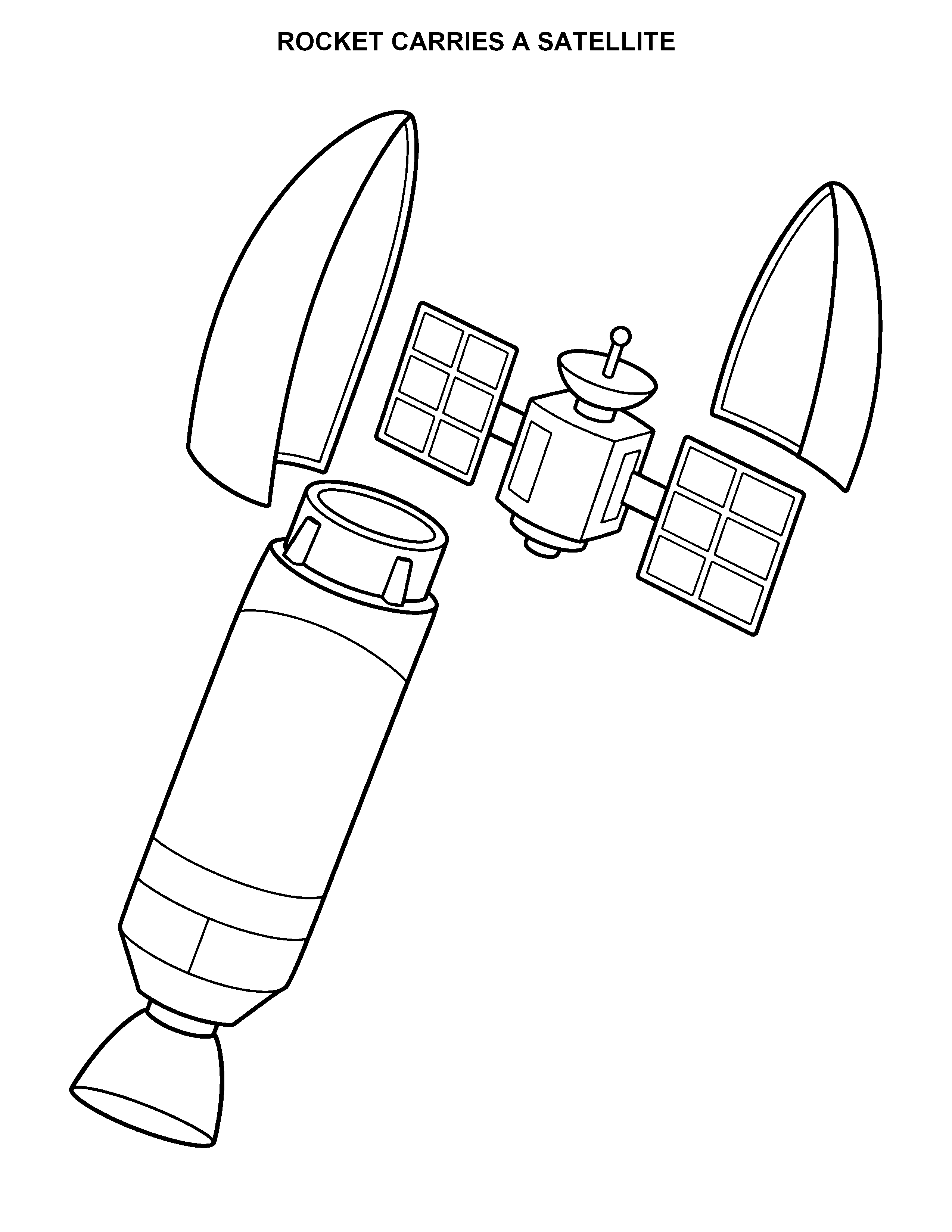 Rocket Carries a Satellite black-and-white printable coloring page