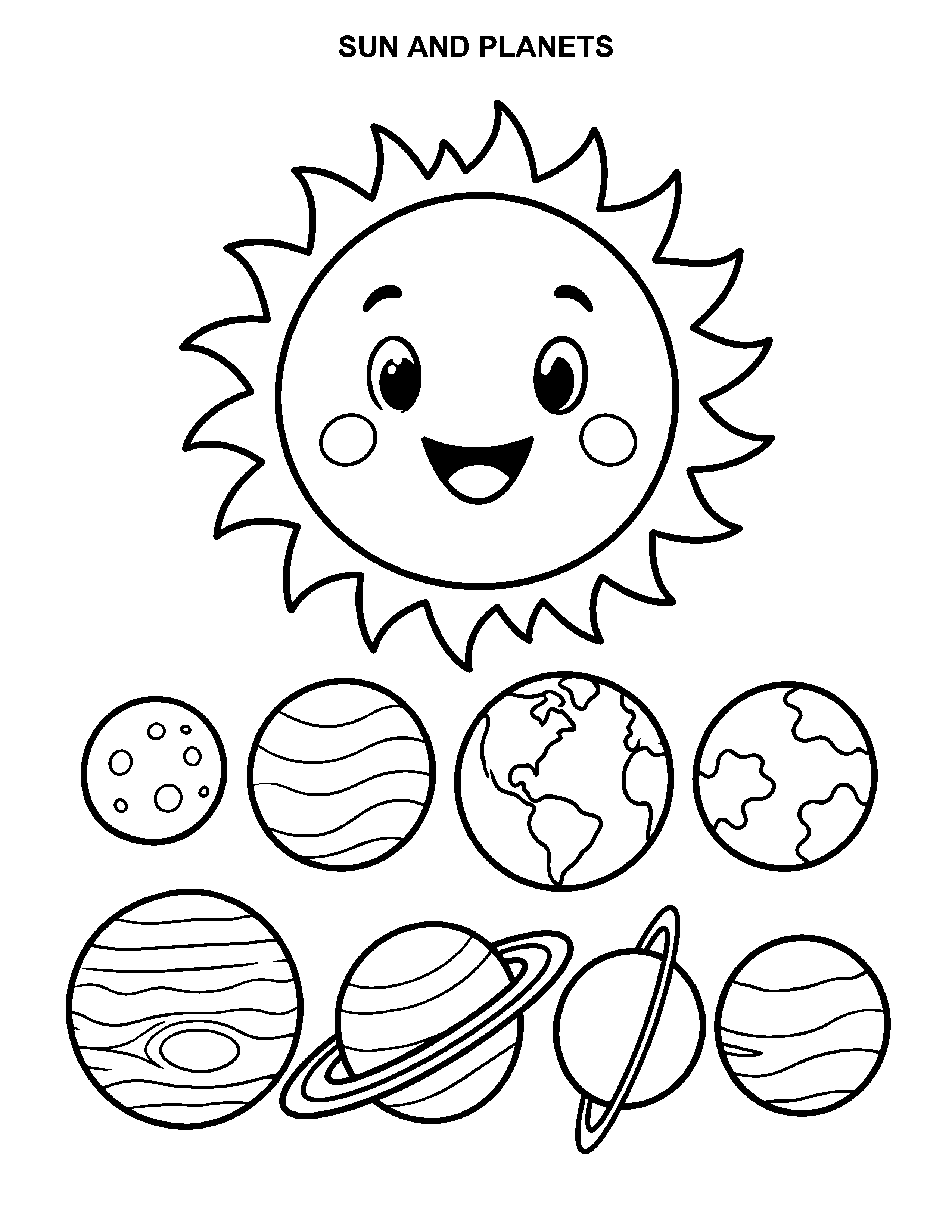 Sun and Planets black-and-white printable
