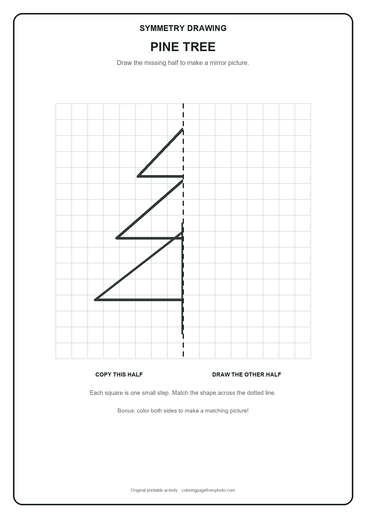Printable pine tree symmetry drawing printables activity