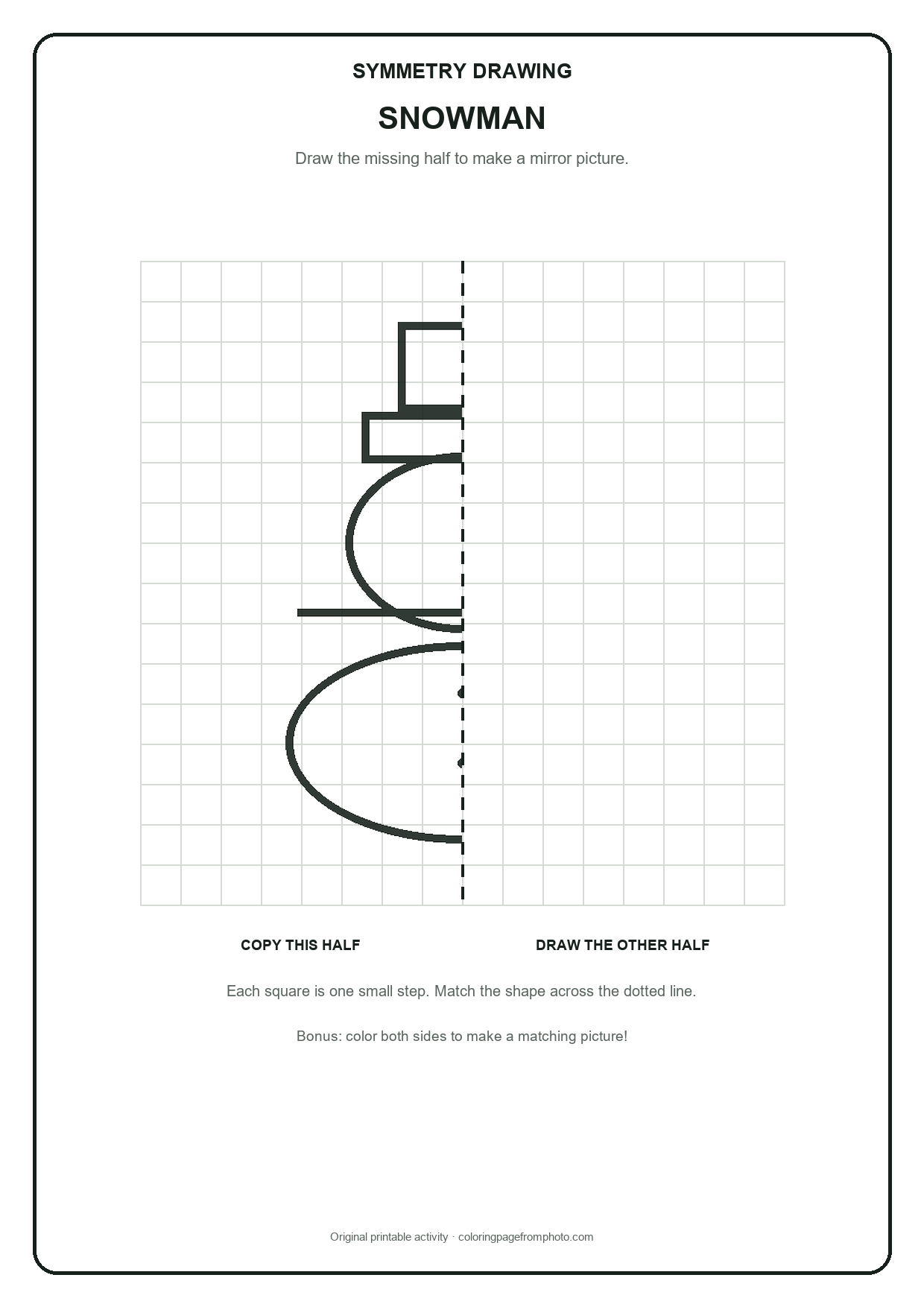 Printable snowman symmetry drawing printables activity