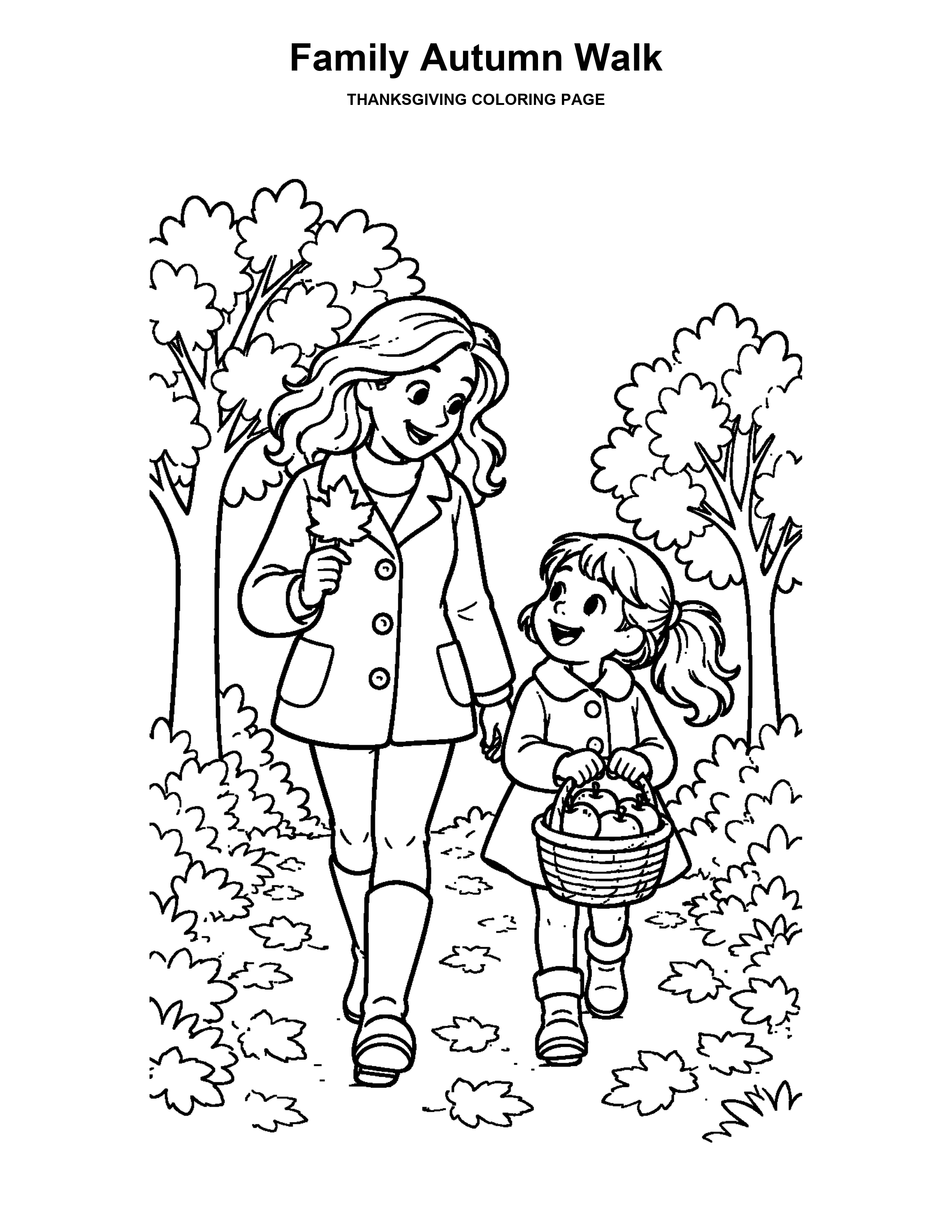 Family Autumn Walk coloring page: A parent and child walk beneath colorful autumn trees.