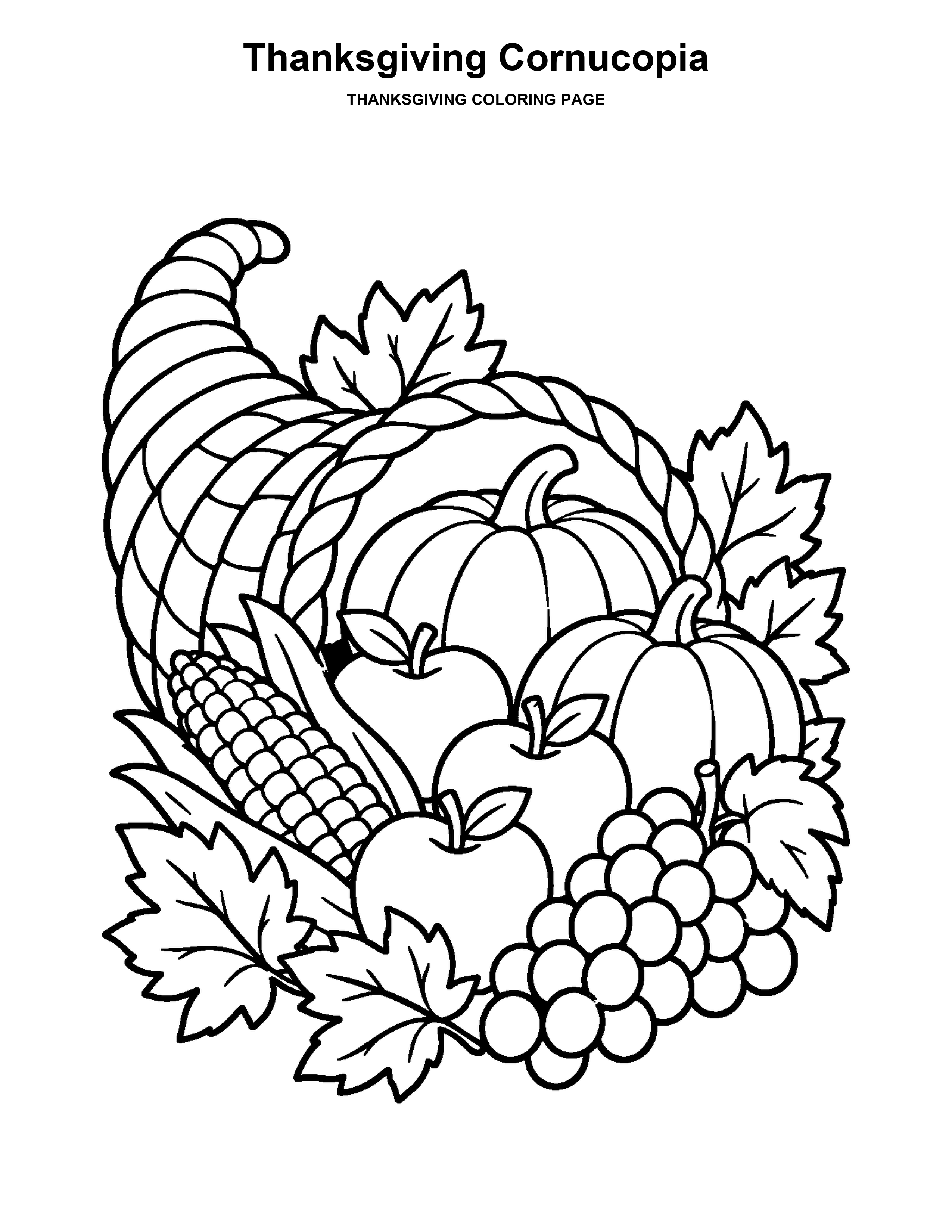 Thanksgiving Cornucopia coloring page: A harvest basket spills out pumpkins, apples, corn, and leaves.