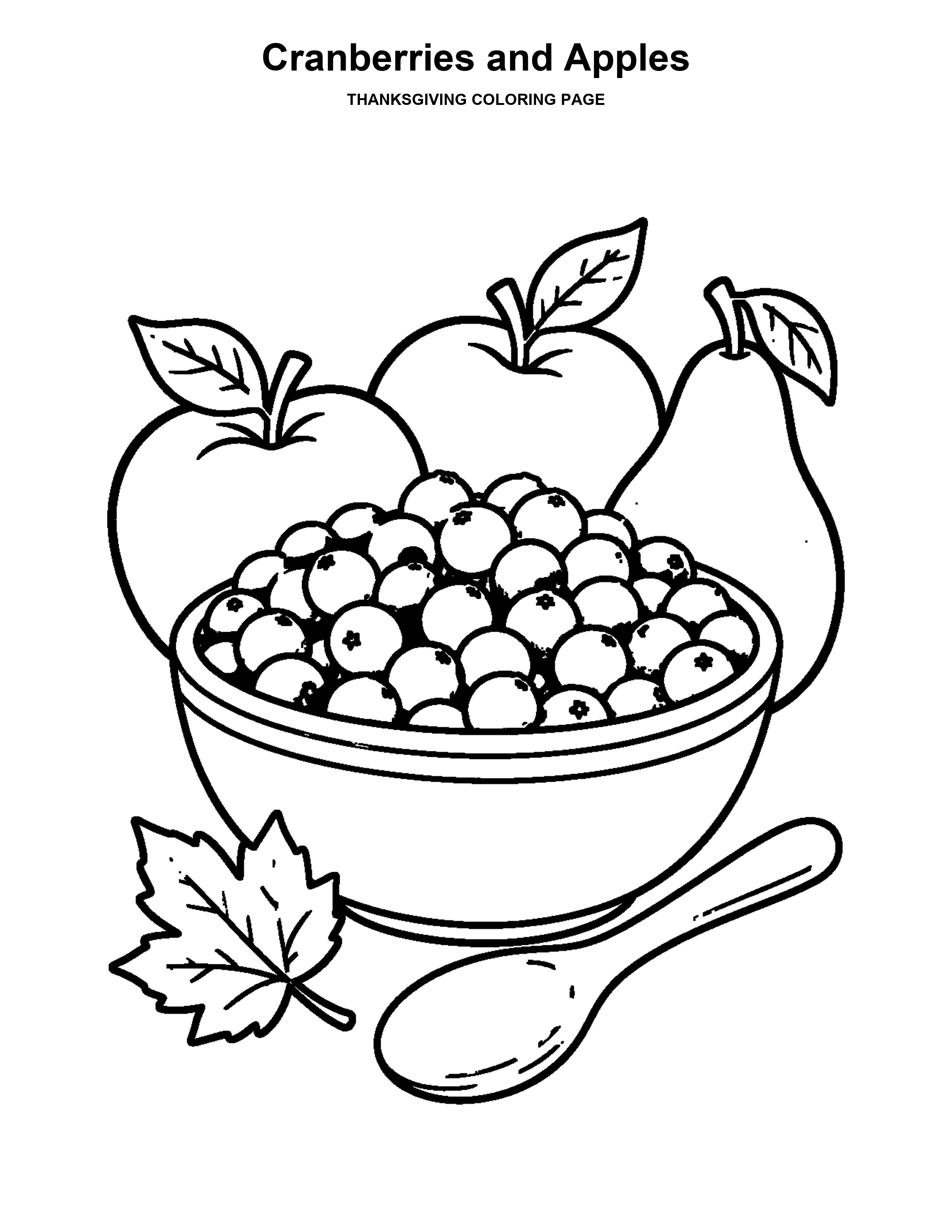 Cranberries and Apples coloring page: A bowl of cranberries sits beside apples and a wooden spoon.
