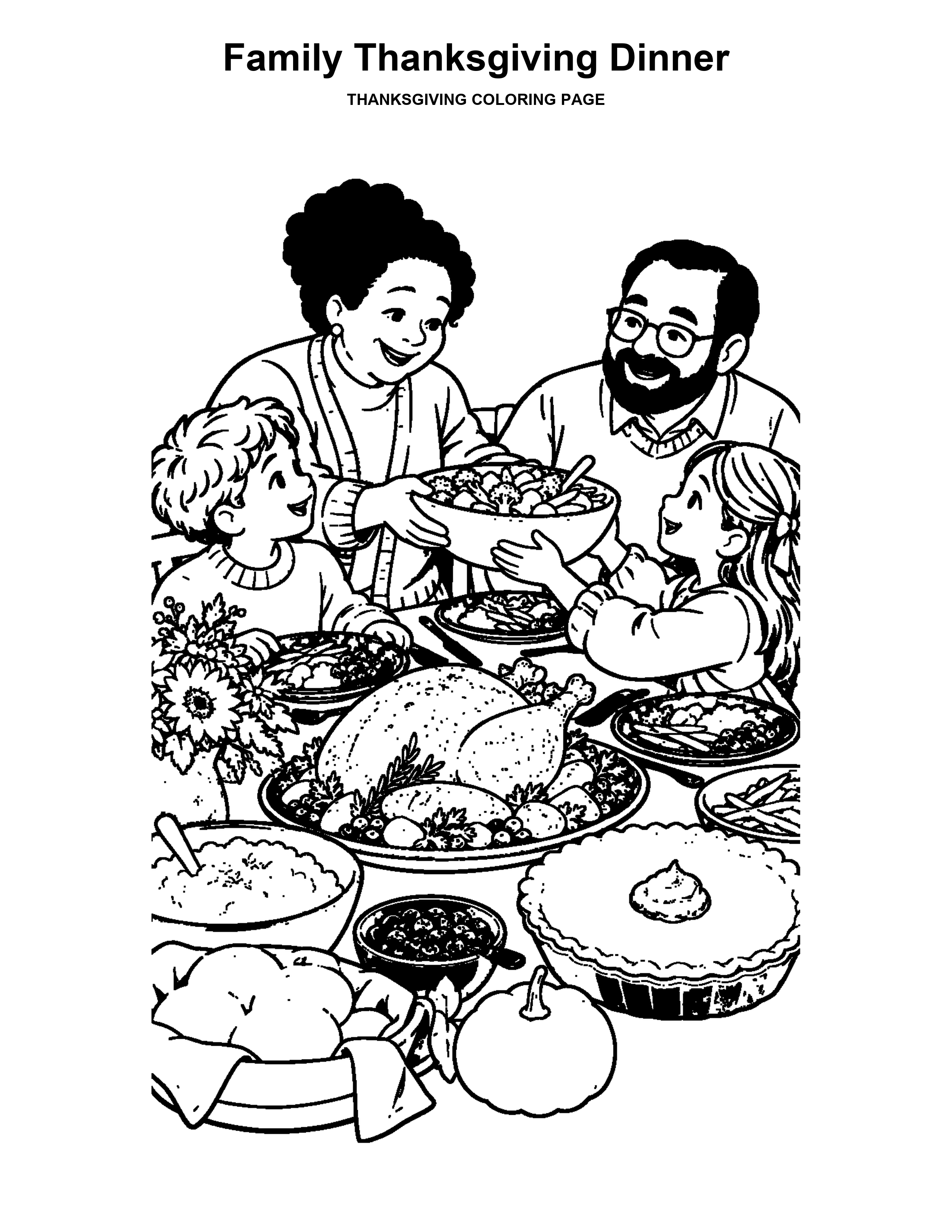 Family Thanksgiving Dinner coloring page: Family members share a meal together around the table.
