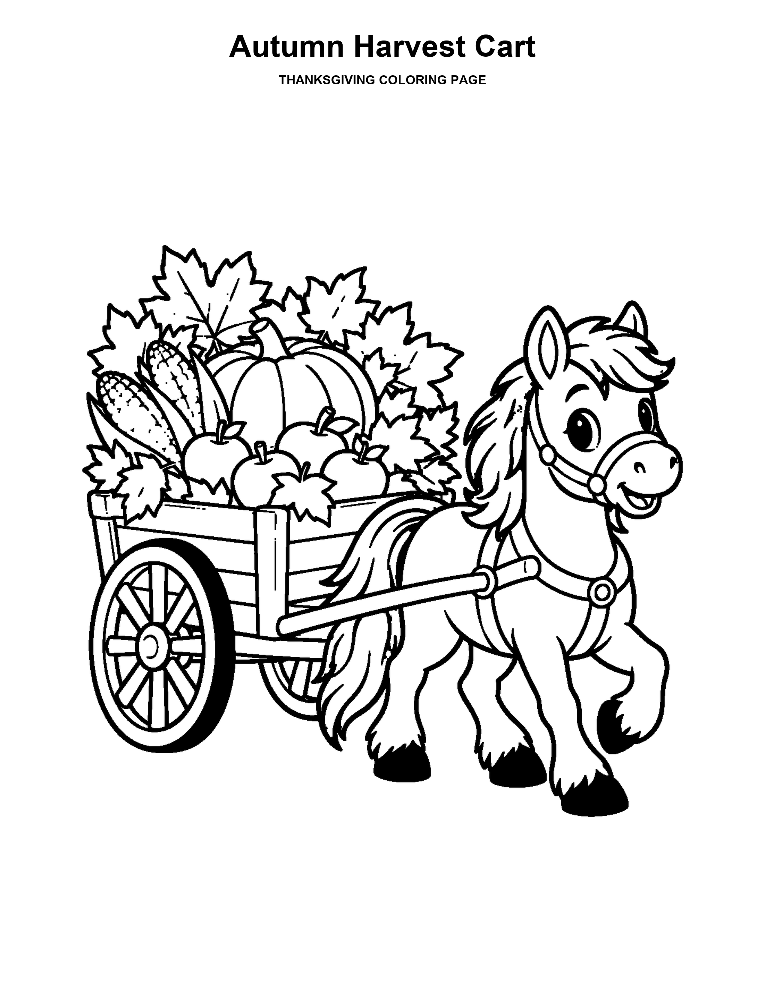 Autumn Harvest Cart coloring page: A pony pulls a cart filled with pumpkins, corn, and apples.