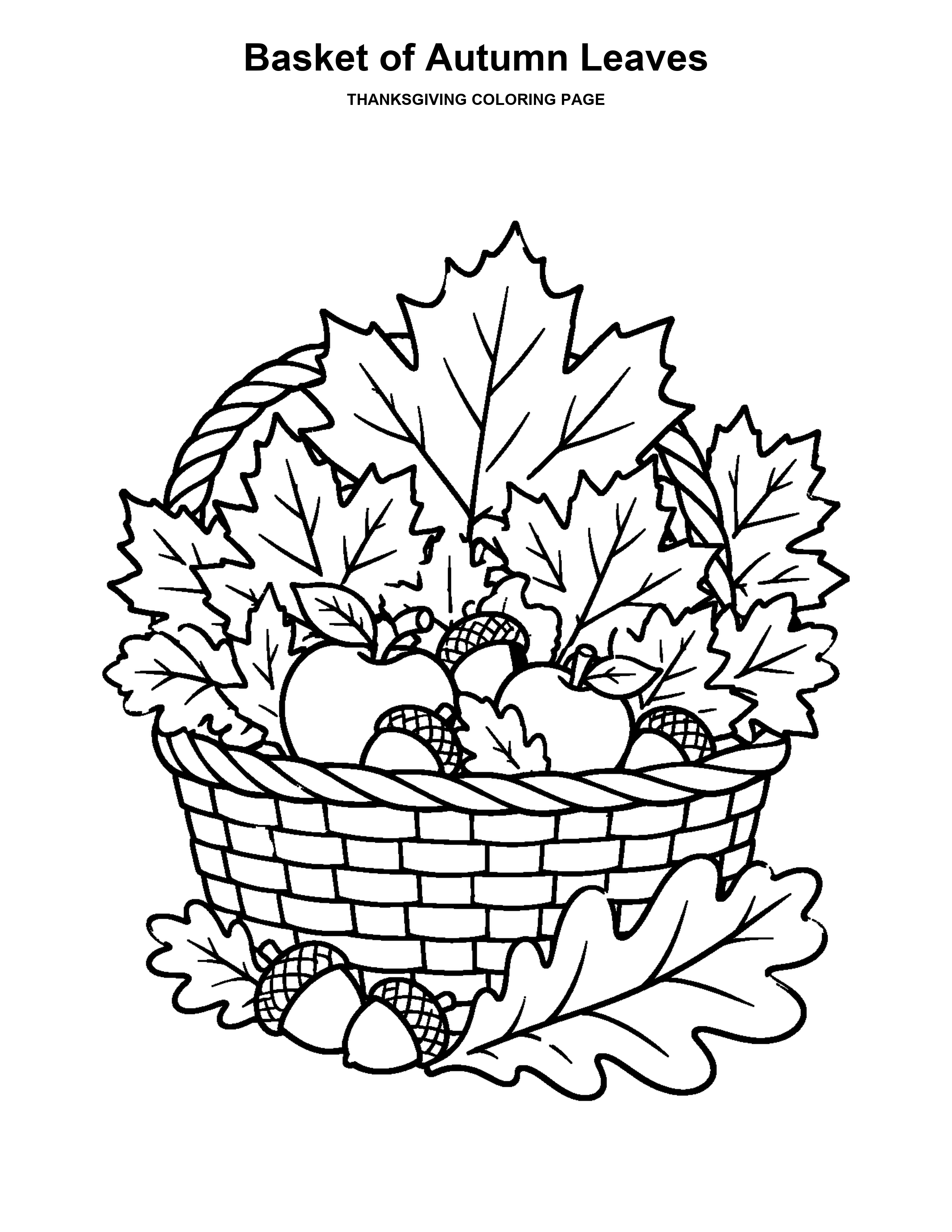 Basket of Autumn Leaves coloring page: A basket holds colorful leaves, apples, and acorns.