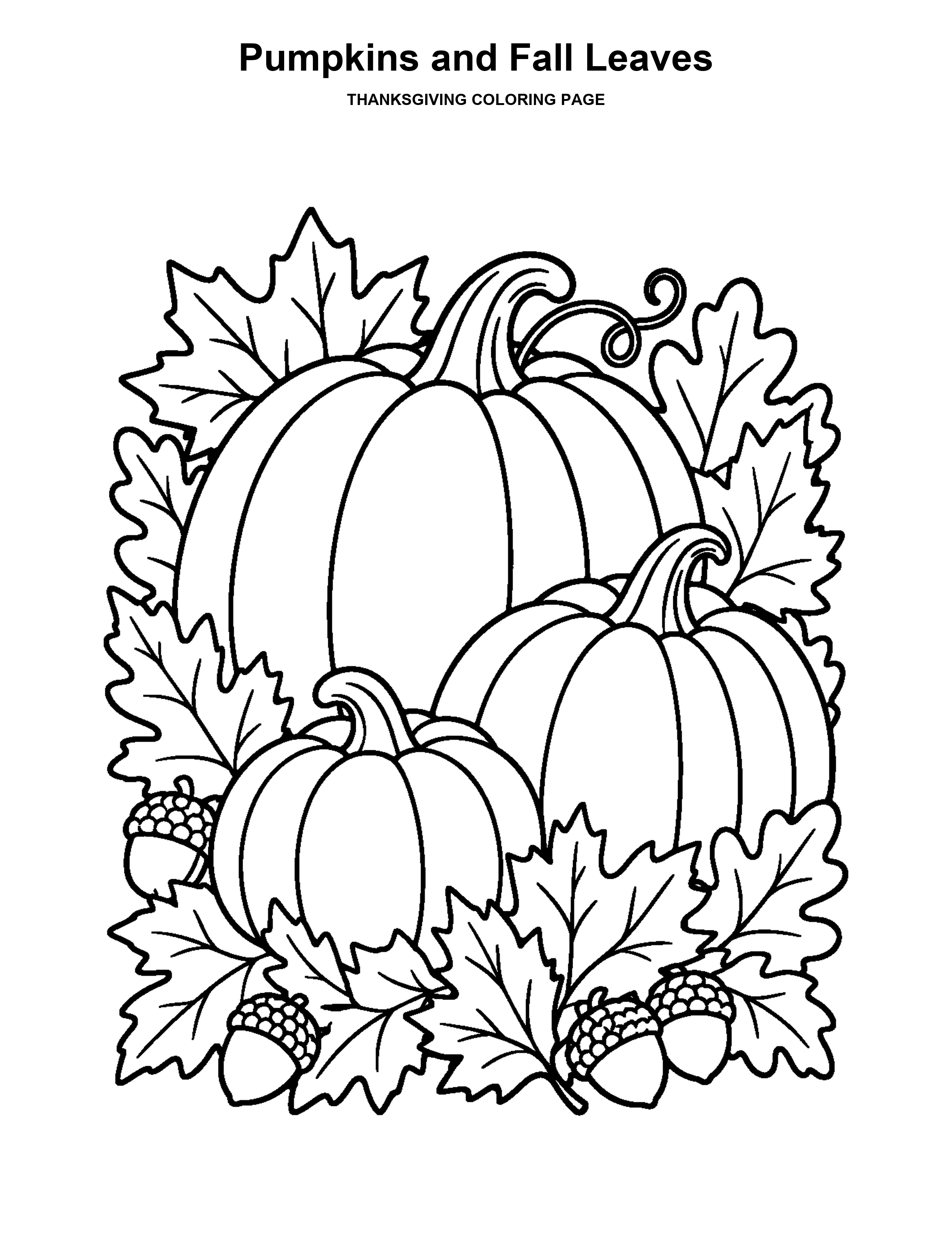 Pumpkins and Fall Leaves coloring page: Three big pumpkins sit among autumn leaves and acorns.