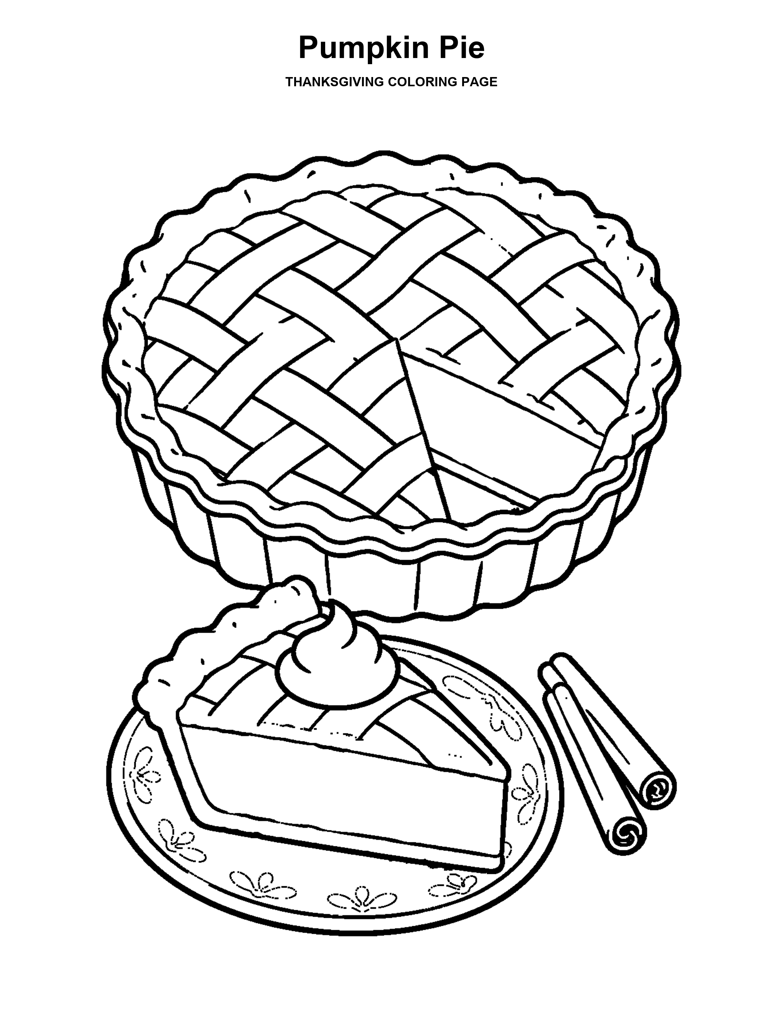 Pumpkin Pie coloring page: A whole pumpkin pie and a slice are ready to share.