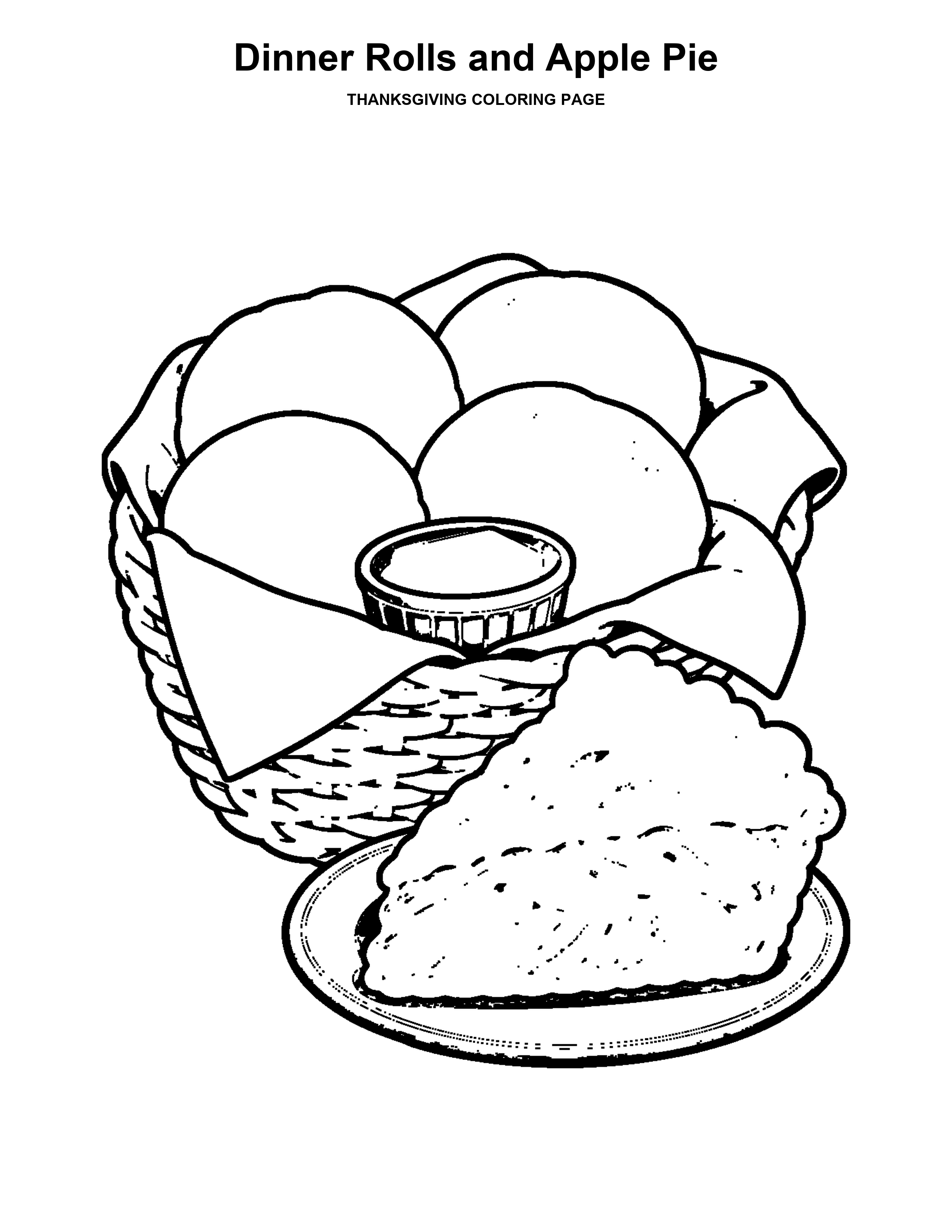 Dinner Rolls and Apple Pie coloring page: Warm dinner rolls and a slice of apple pie are ready to serve.
