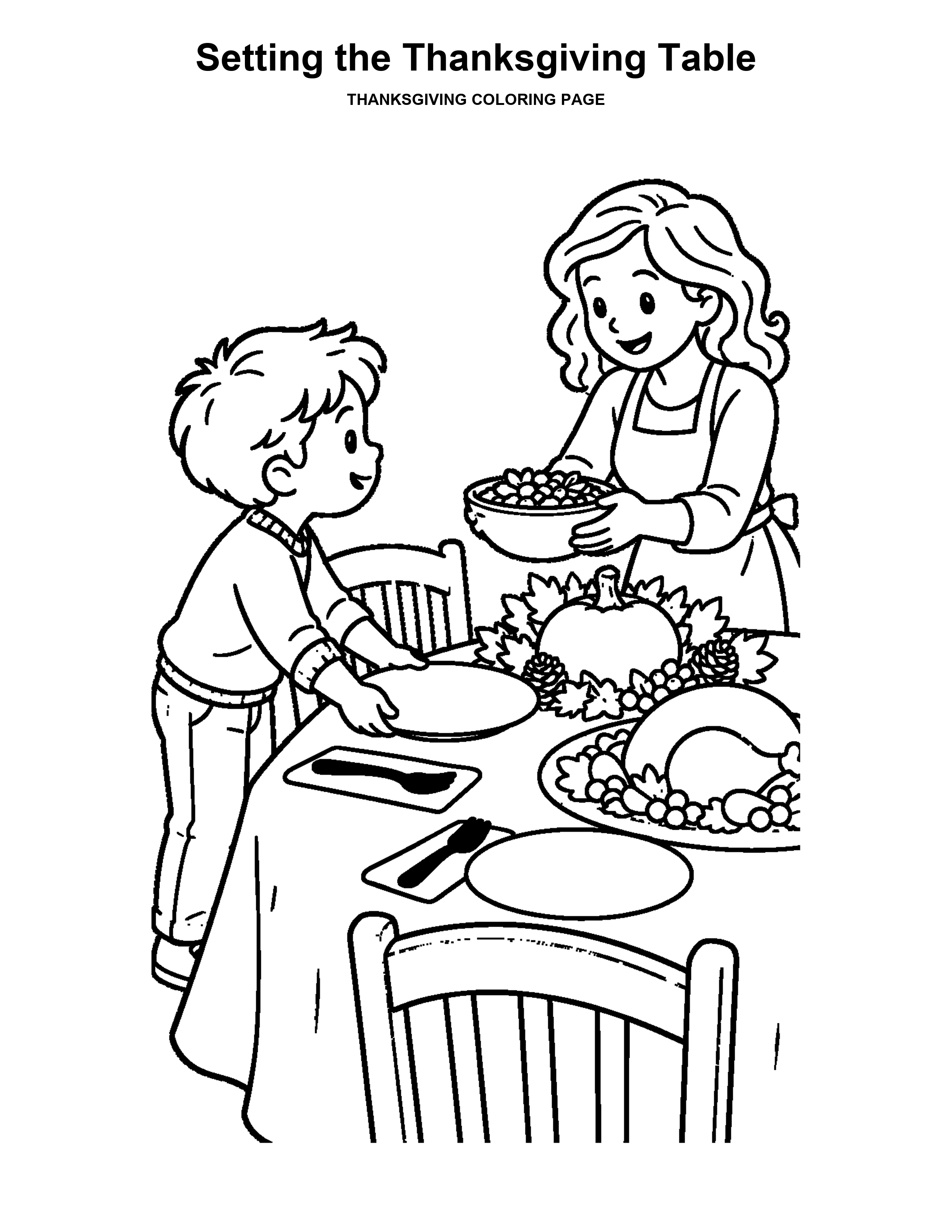 Setting the Thanksgiving Table coloring page: A child helps place a plate on the dinner table.