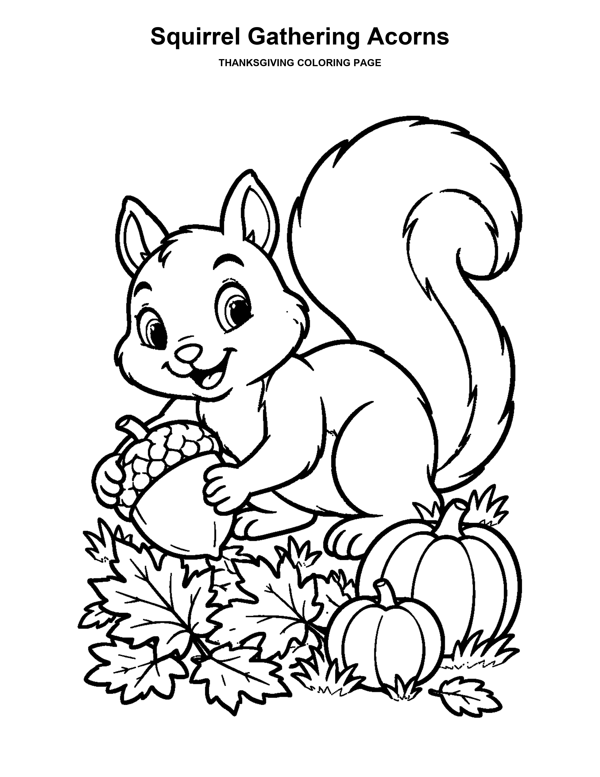 Squirrel Gathering Acorns coloring page: A squirrel gathers acorns among pumpkins and fall leaves.