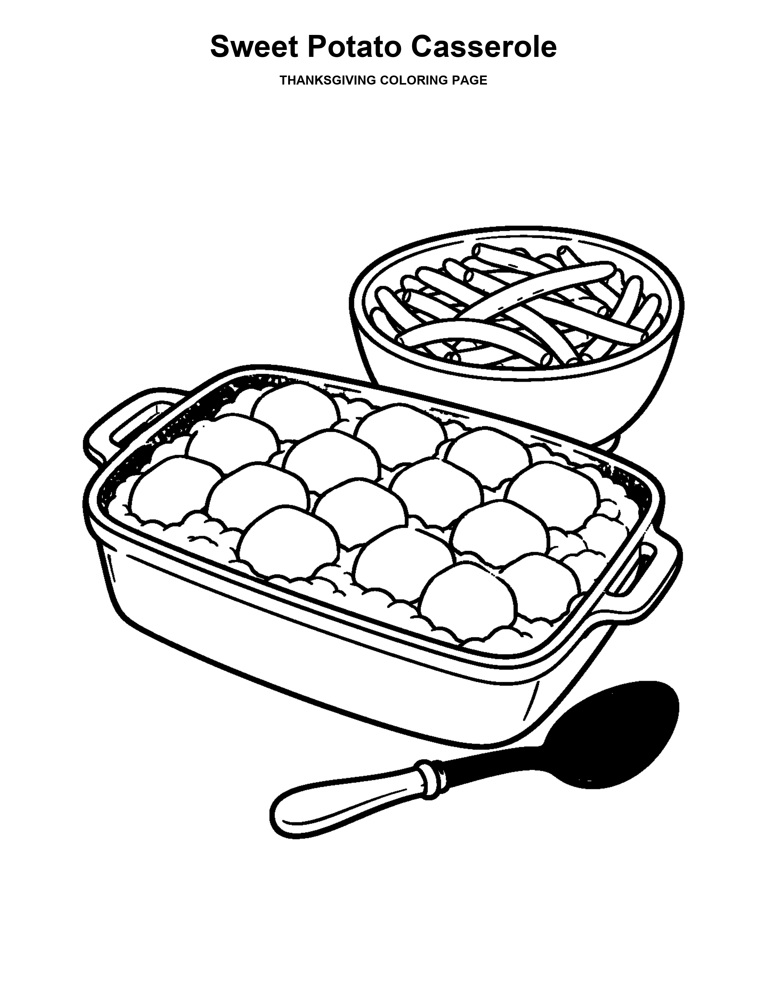 Sweet Potato Casserole coloring page: Sweet potatoes and green beans are served in family dishes.