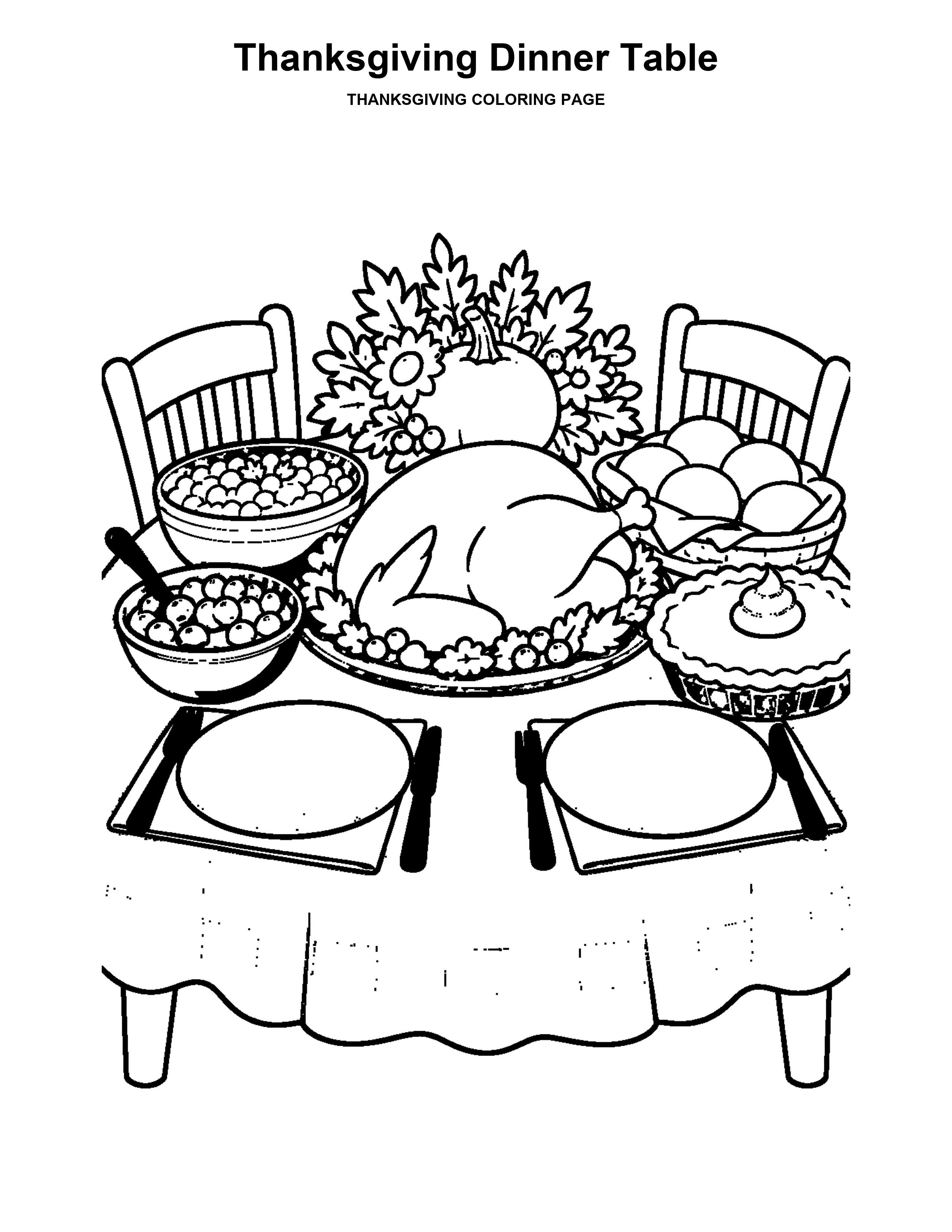 Thanksgiving Dinner Table coloring page: A holiday table holds turkey, pie, corn, rolls, and cranberry sauce.