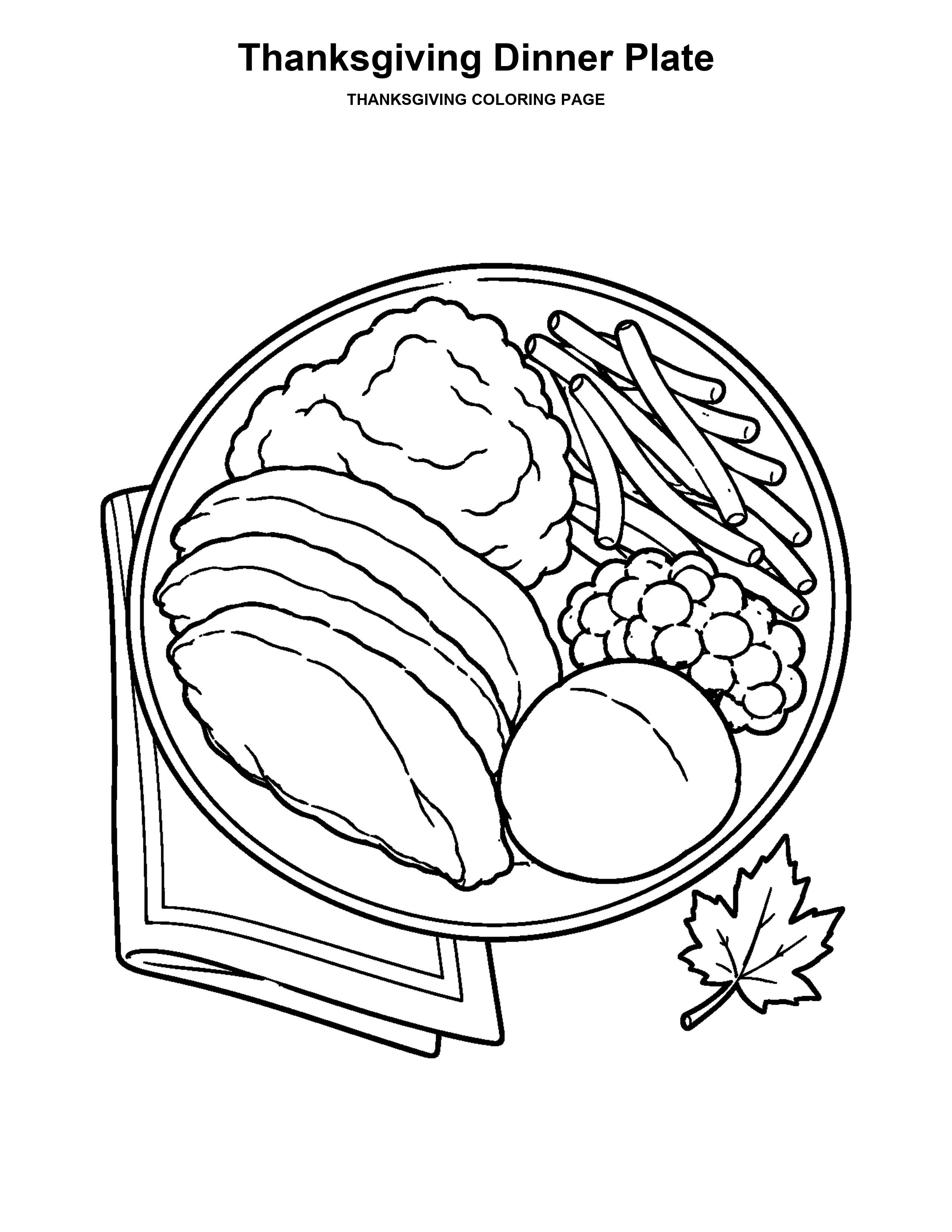 Thanksgiving Dinner Plate coloring page: A plate holds turkey, potatoes, green beans, and cranberry sauce.