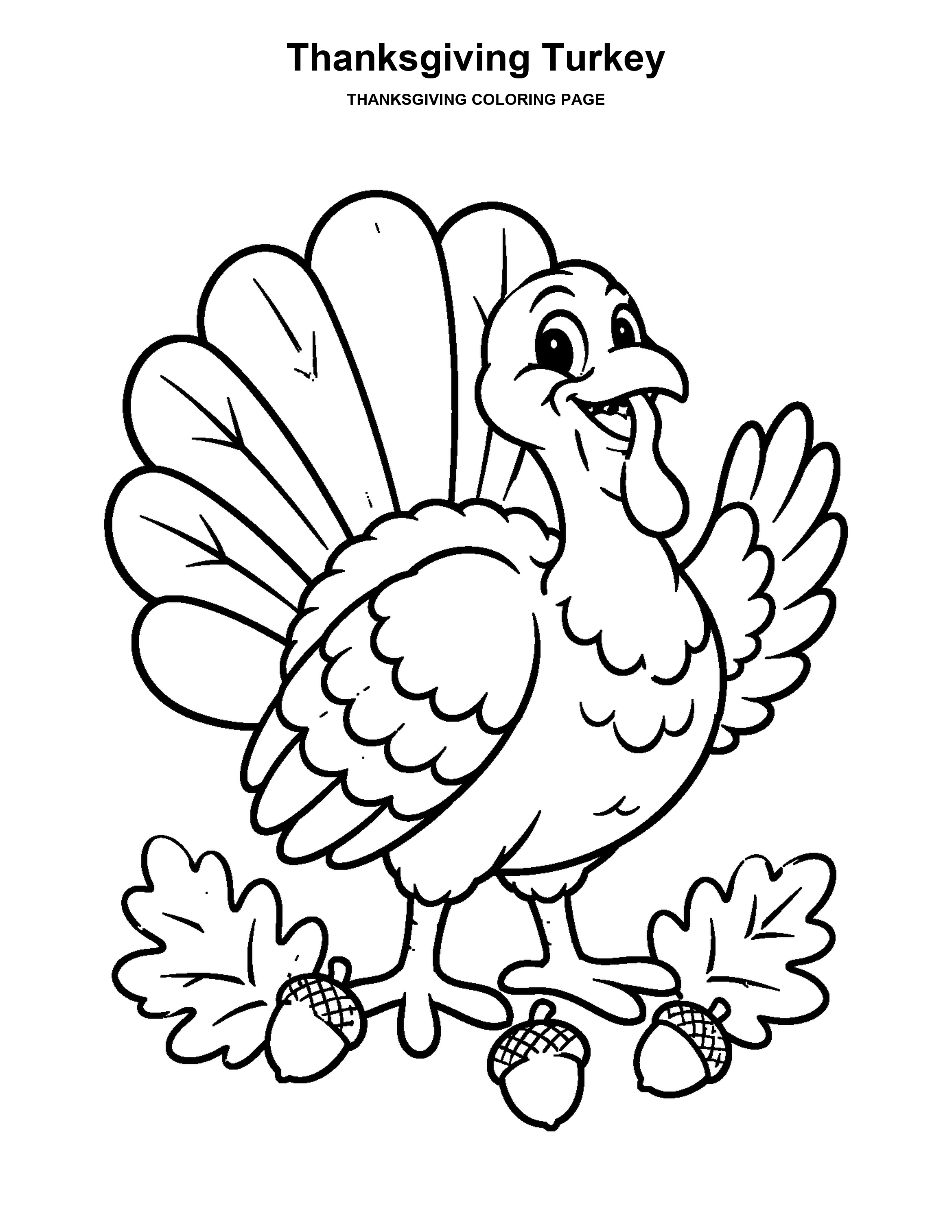 Thanksgiving Turkey coloring page: A friendly turkey fans out its colorful autumn feathers.
