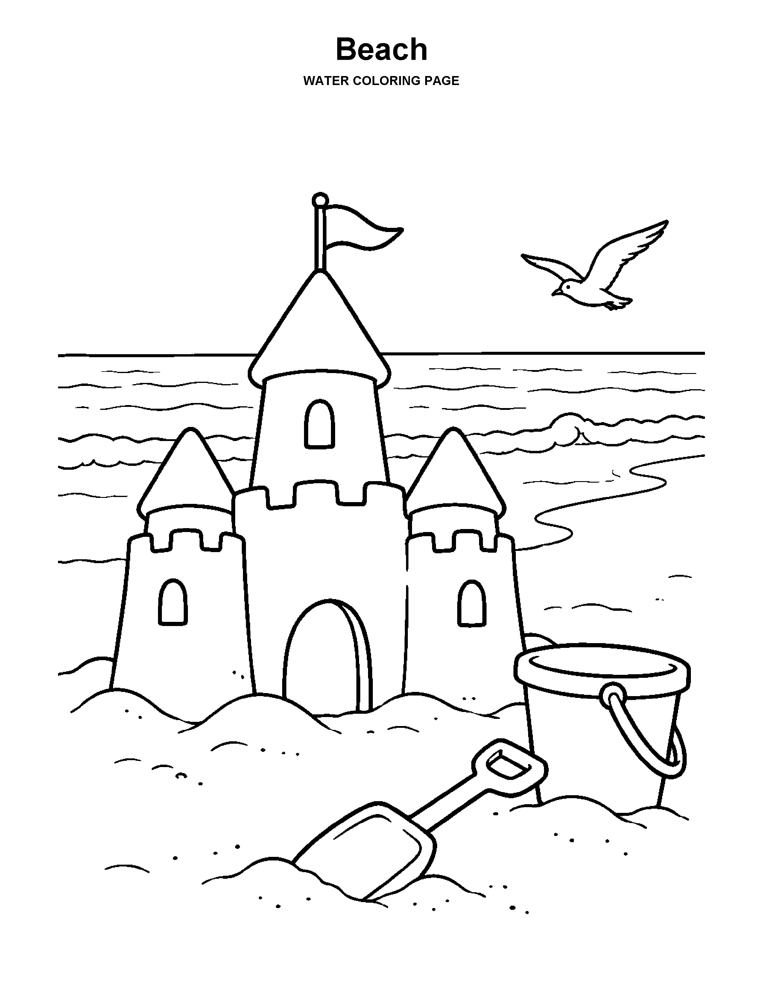 Beach coloring page: A sandcastle, bucket, and shovel sit beside gentle ocean waves.