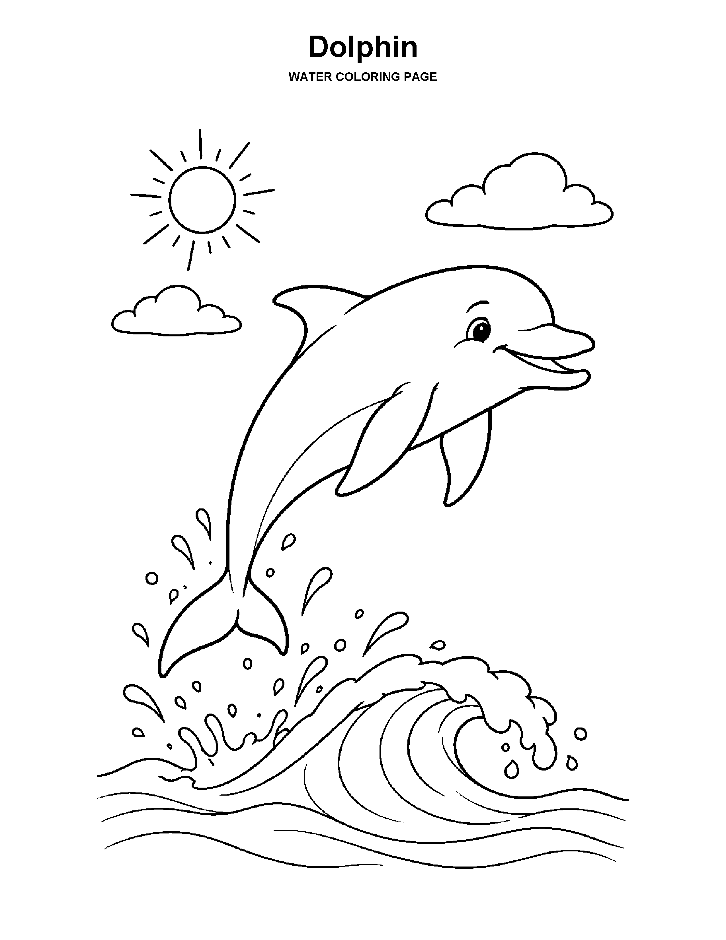 Dolphin coloring page: A dolphin leaps above a curling ocean wave under a simple sunny sky.