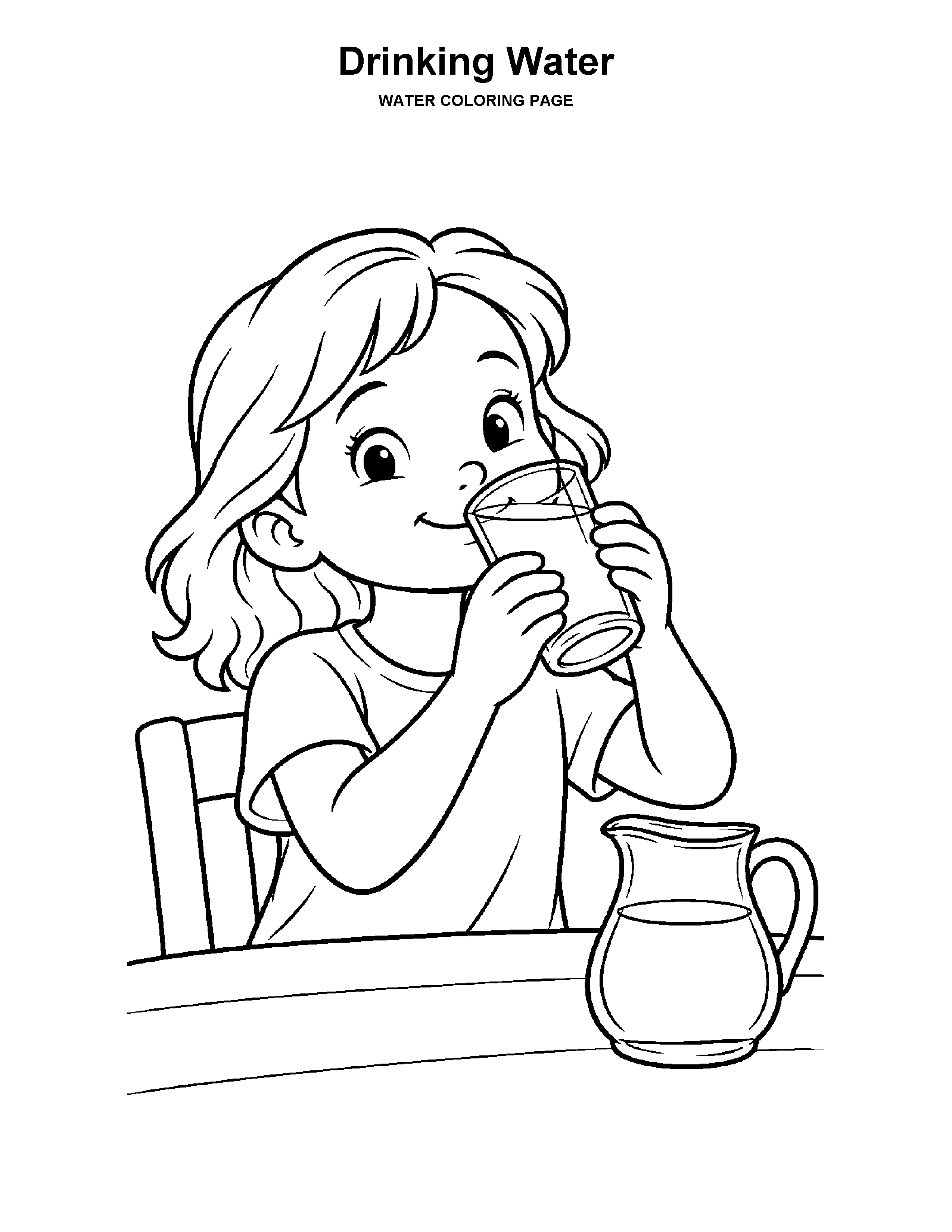 Drinking Water coloring page: A child drinks a glass of water at a table.