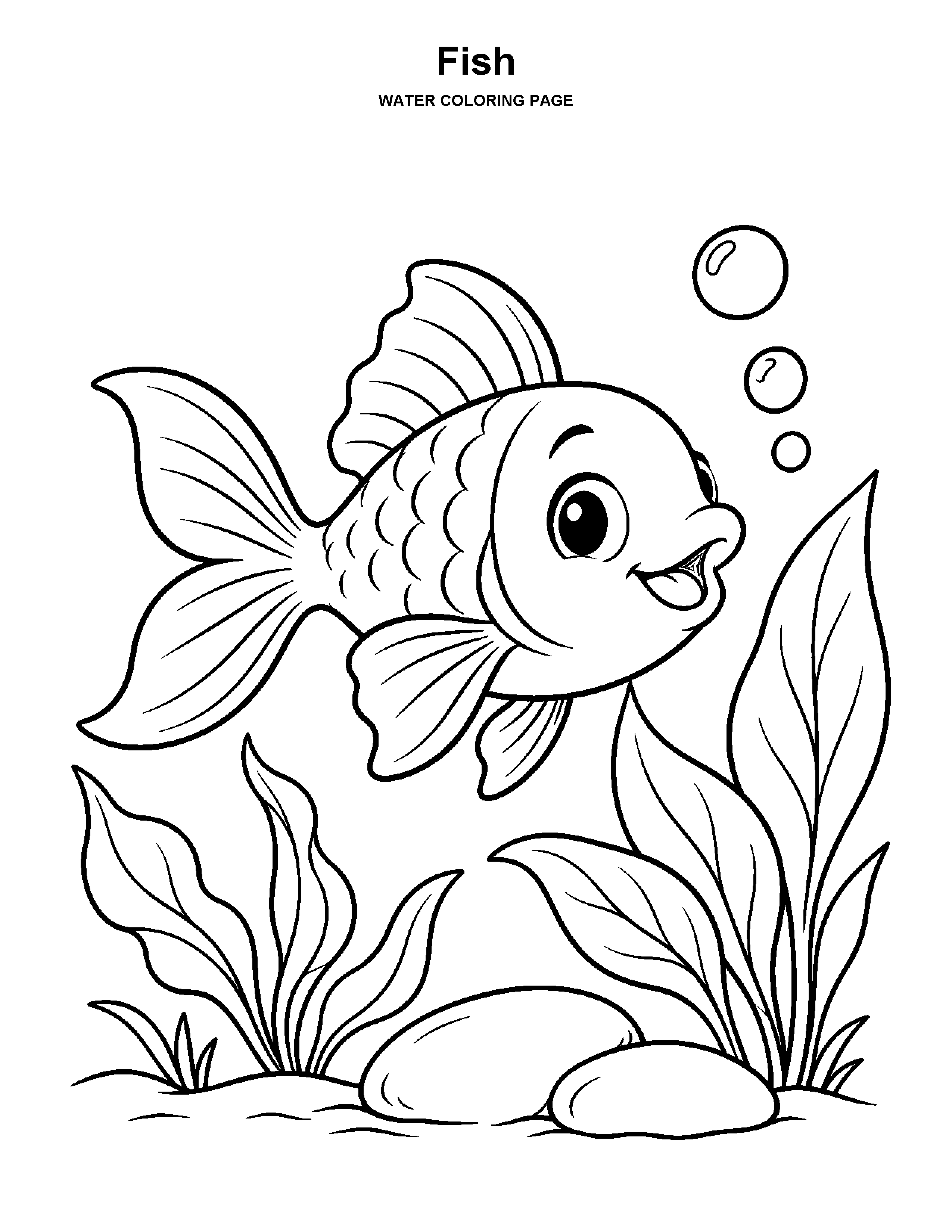 Fish coloring page: A cheerful fish swims through broad water plants beside two smooth river stones.