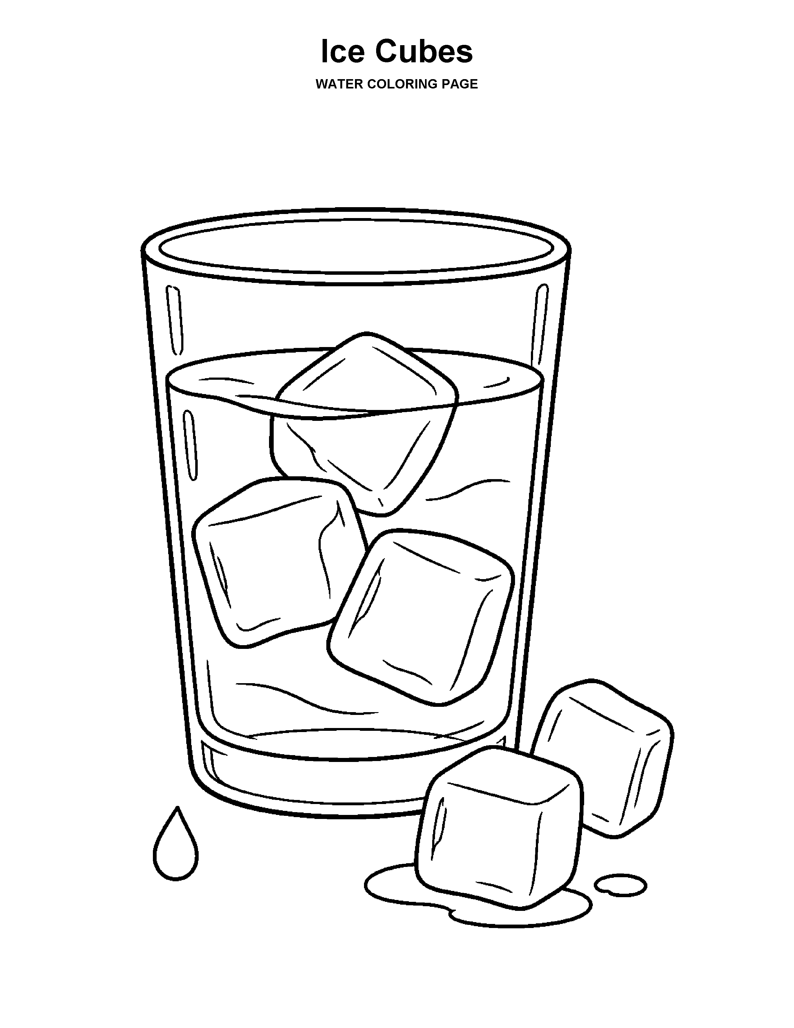 Ice Cubes coloring page: A clear glass holds a few large ice cubes beside a melting cube.