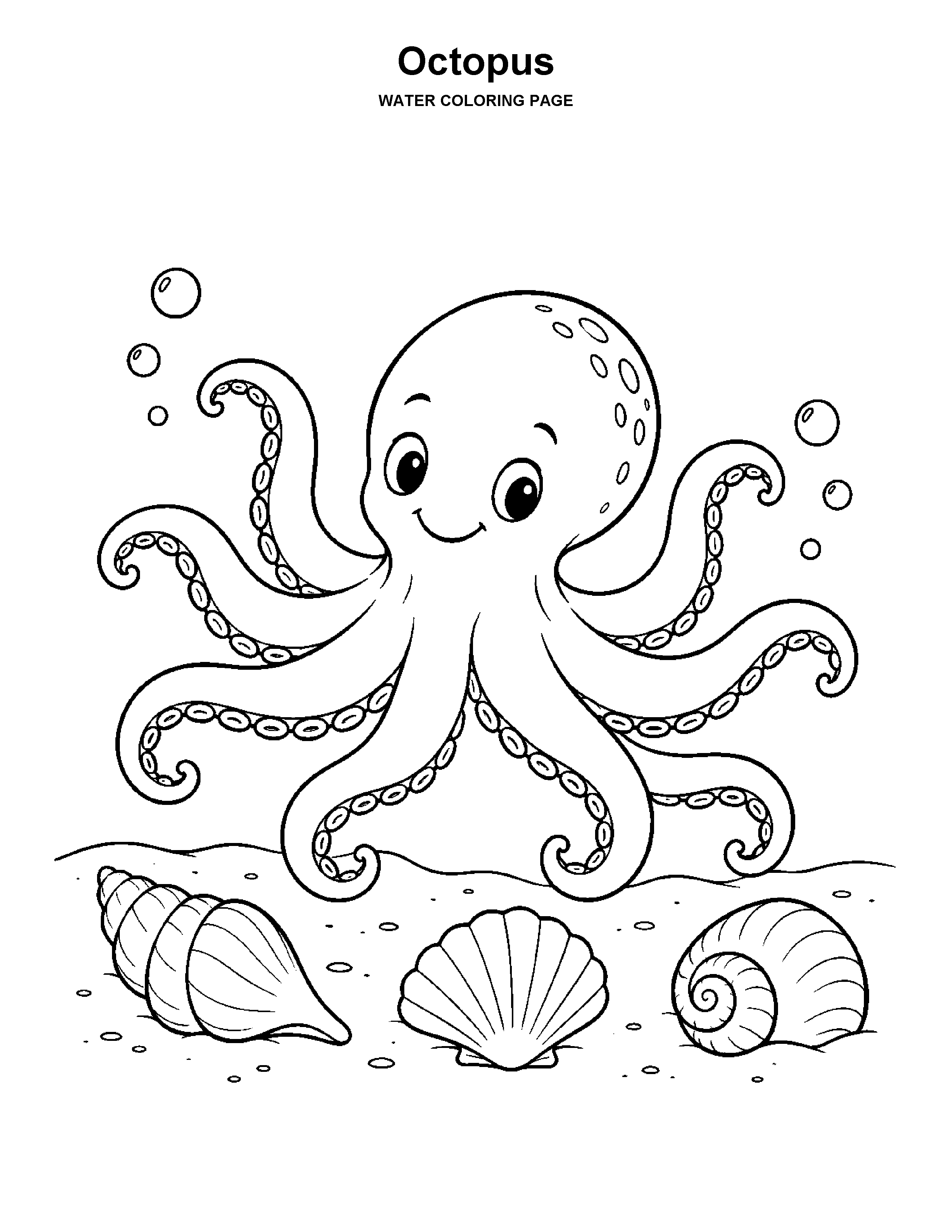 Octopus coloring page: A friendly octopus rests above the sandy seabed beside three large shells.
