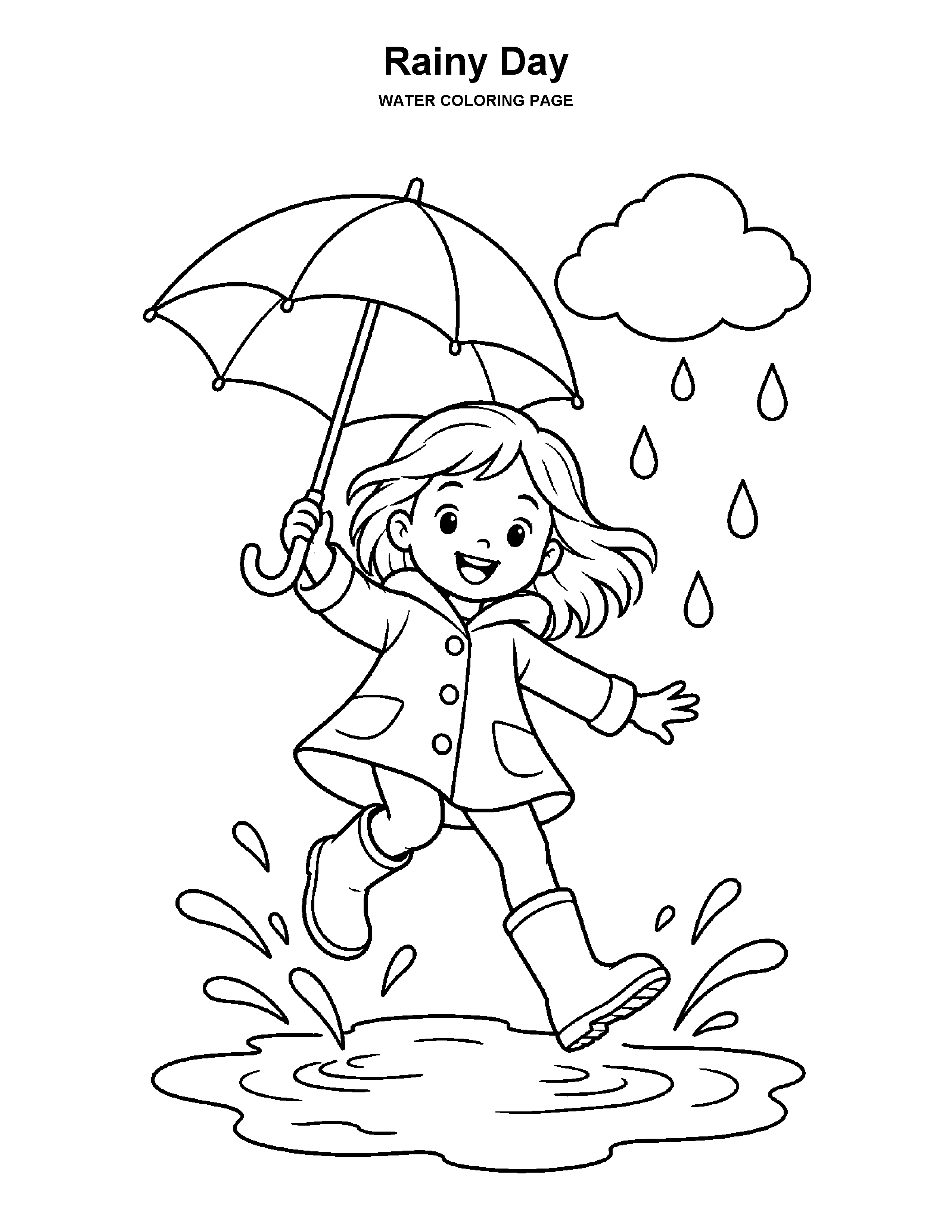 Rainy Day coloring page: A child in rain boots jumps over a puddle beneath an umbrella.