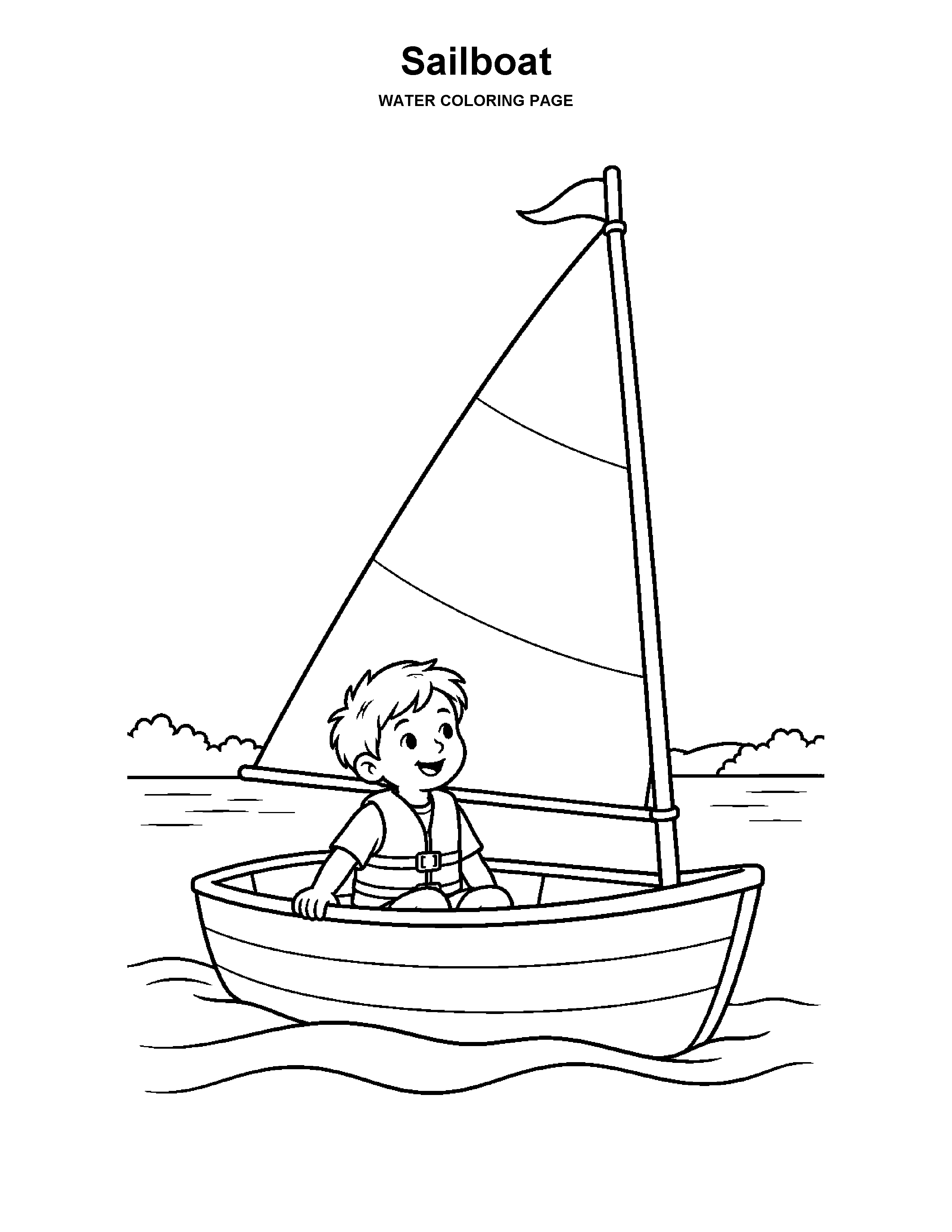 Sailboat coloring page: A child sits safely in a small sailboat on a quiet lake.