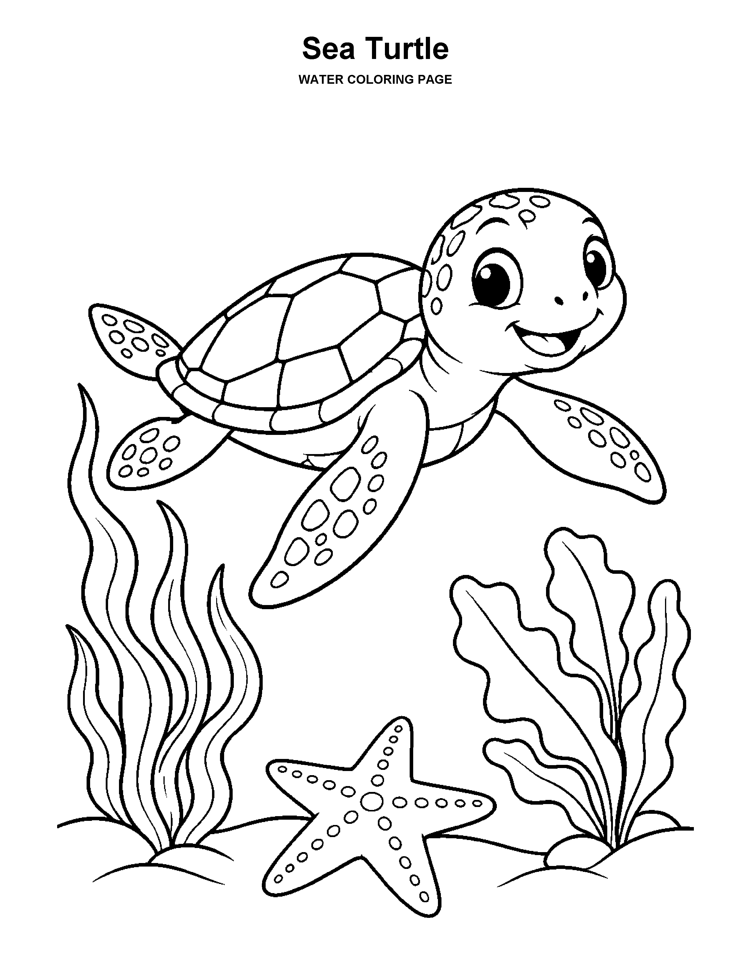 Sea Turtle coloring page: A sea turtle glides past a starfish and a few sea plants.