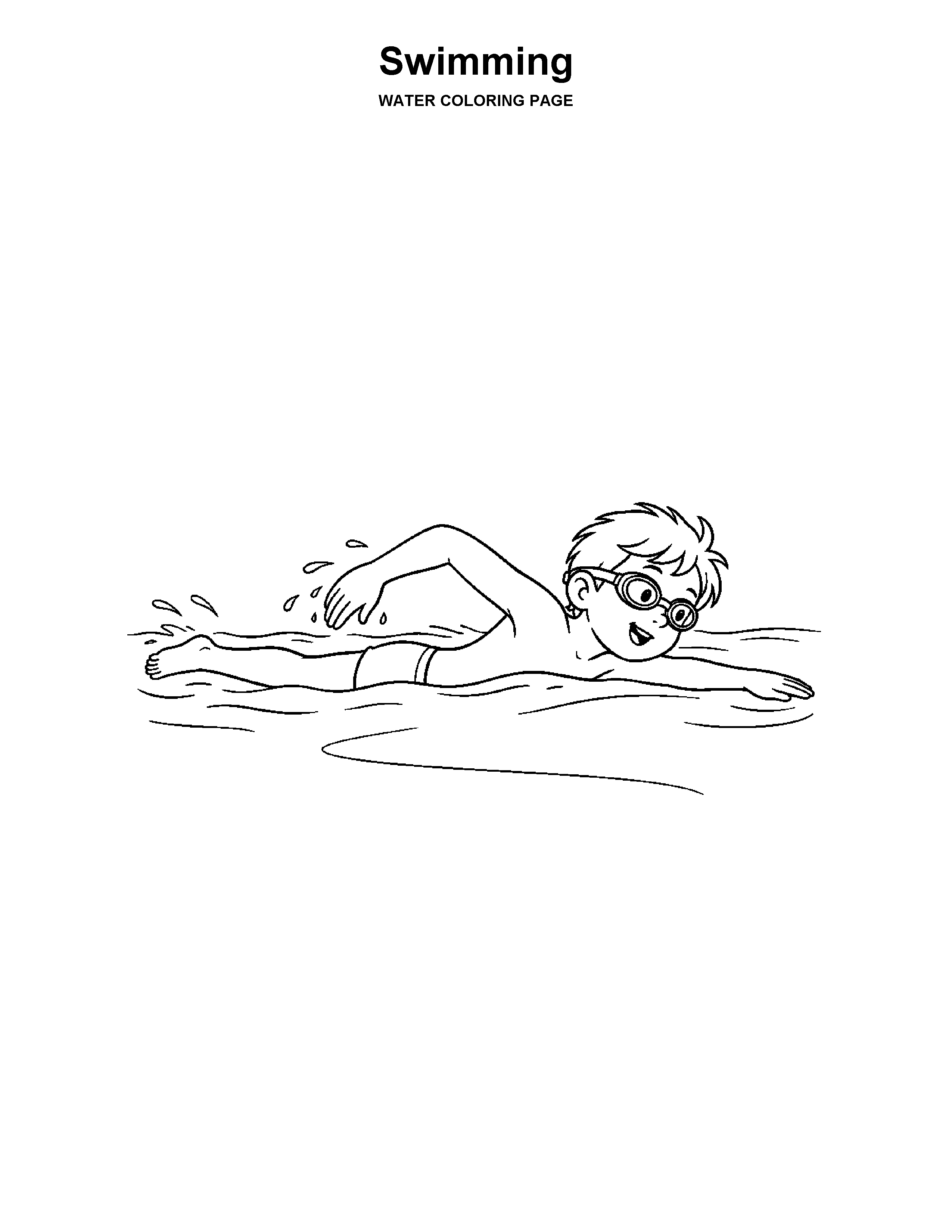 Swimming coloring page: A child practices a simple front-crawl stroke in a calm pool.