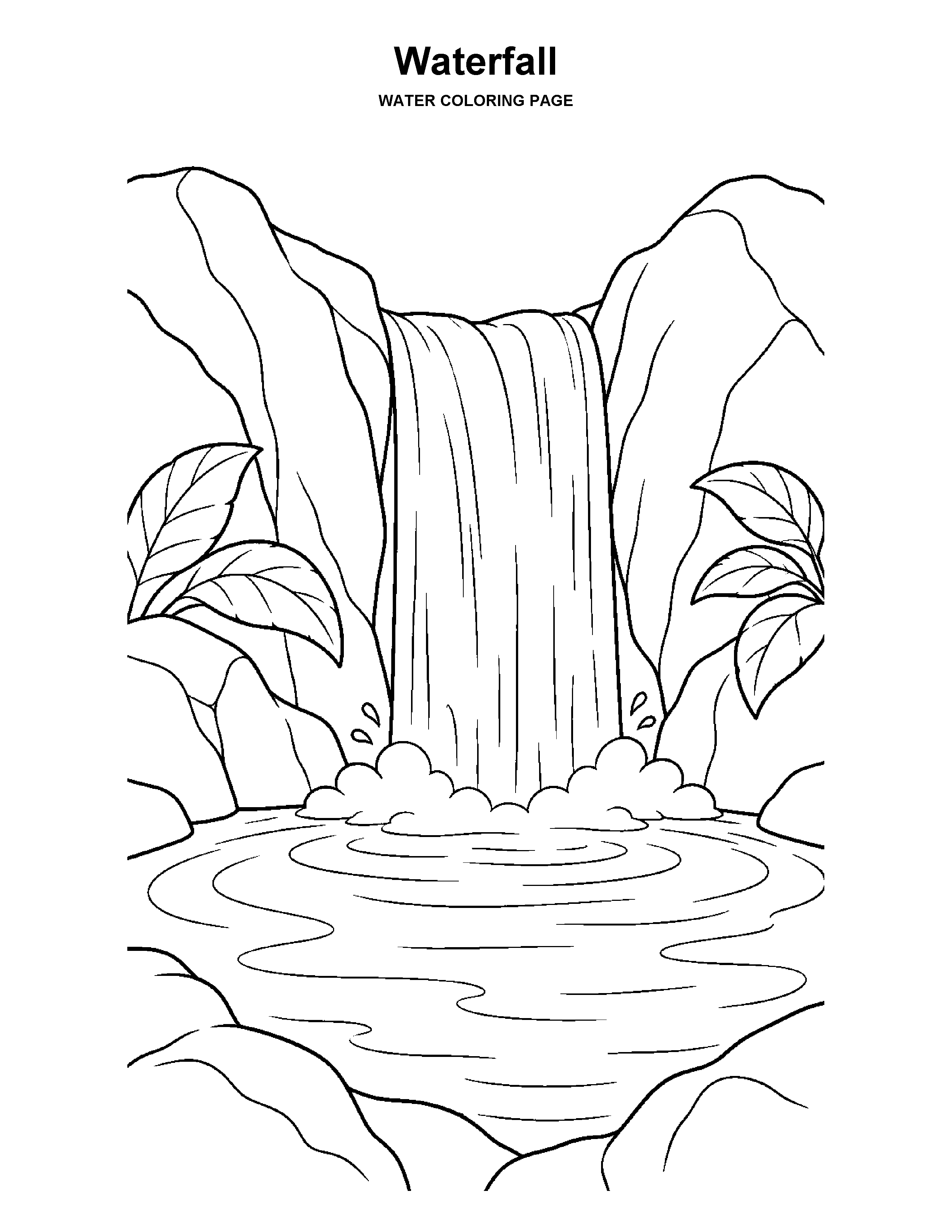 Waterfall coloring page: A gentle waterfall flows between broad rocks into a round pool.