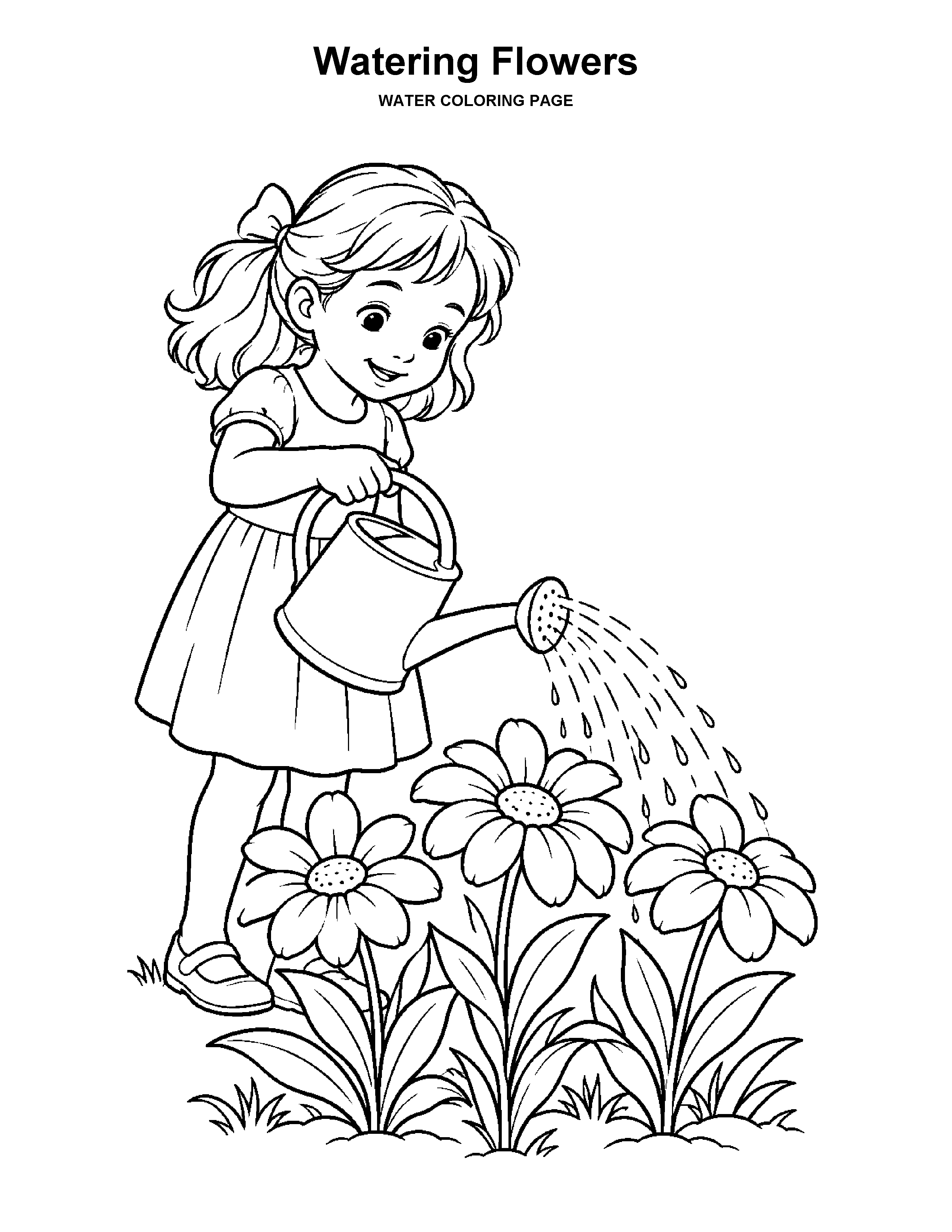 Watering Flowers coloring page: A child waters three large flowers with a simple watering can.