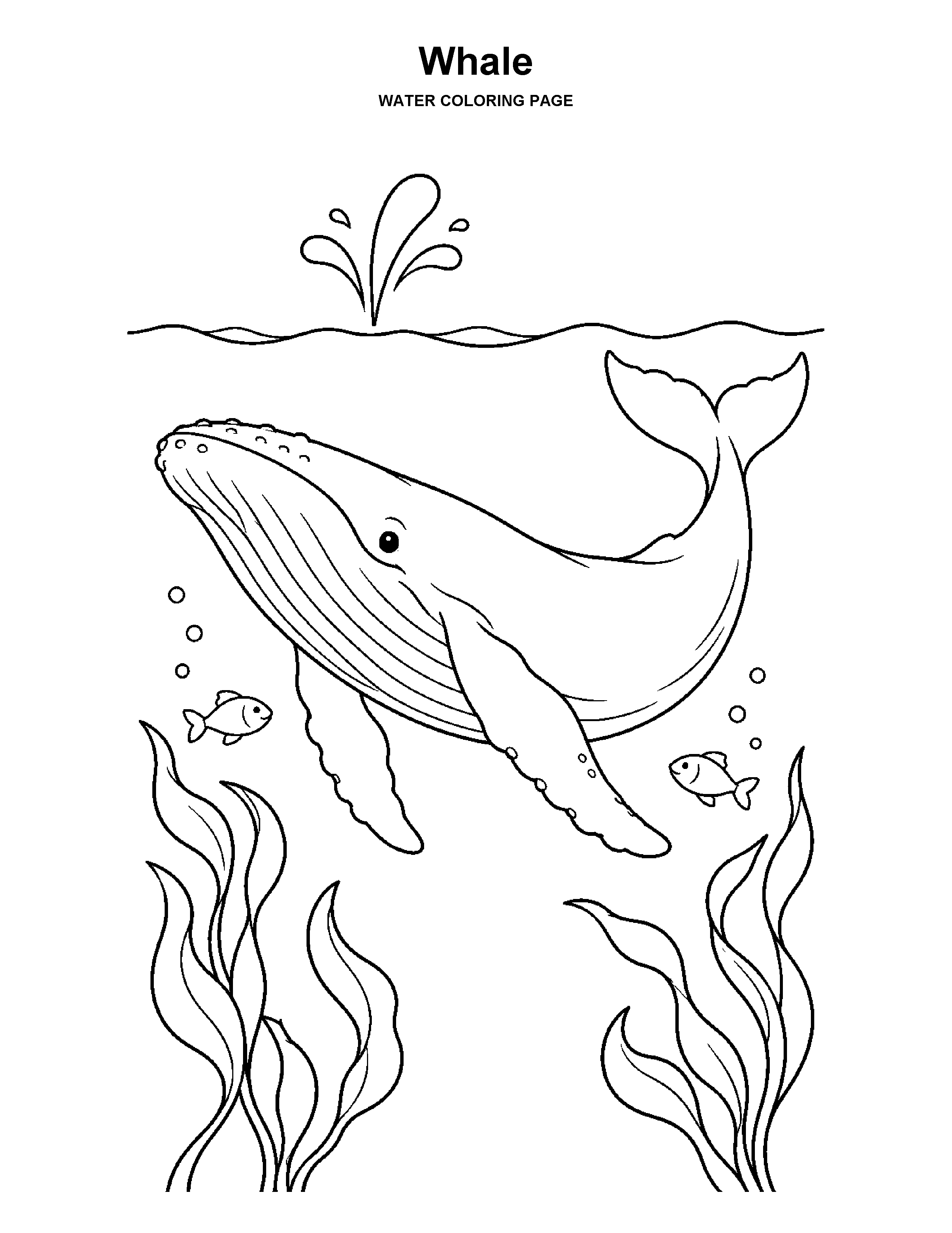 Whale coloring page: A gentle whale swims among a few small fish and broad kelp leaves.