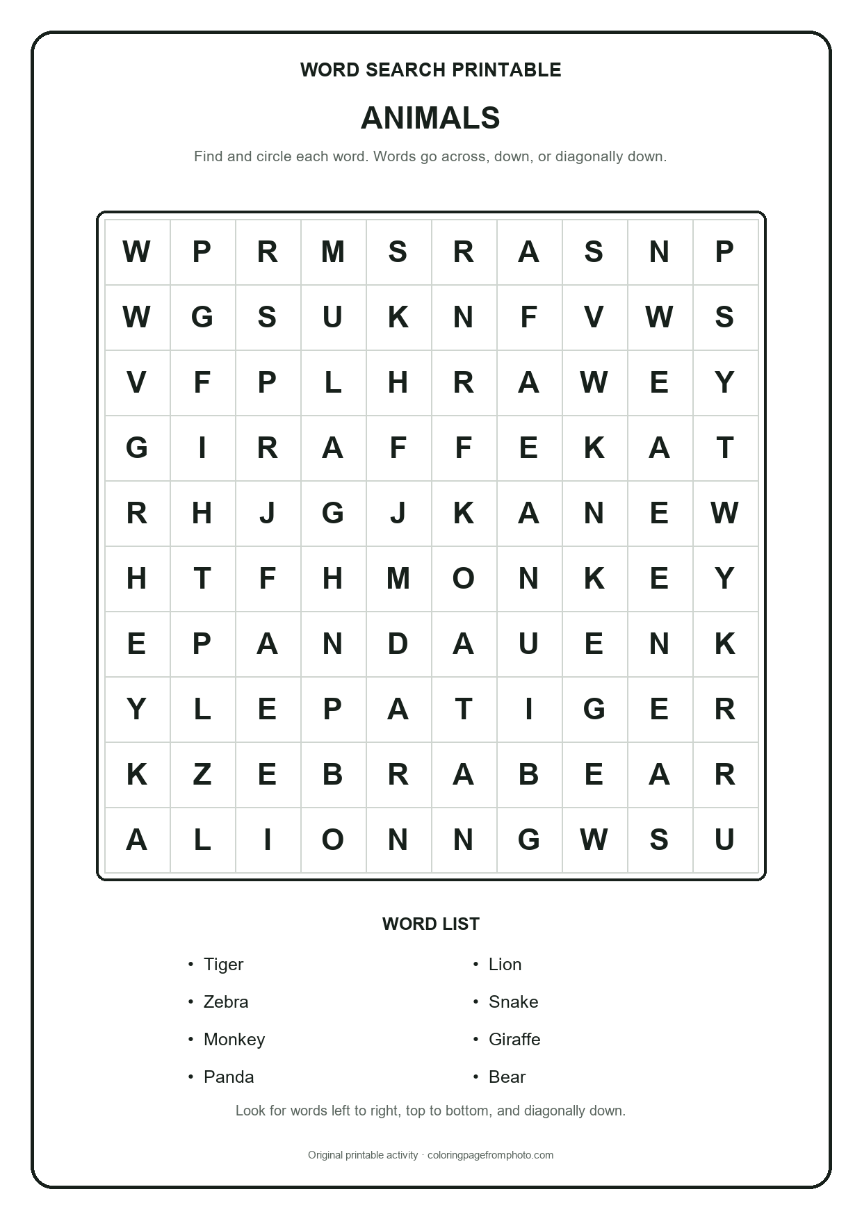 Printable animals word search puzzle with a 10 by 10 letter grid and word list