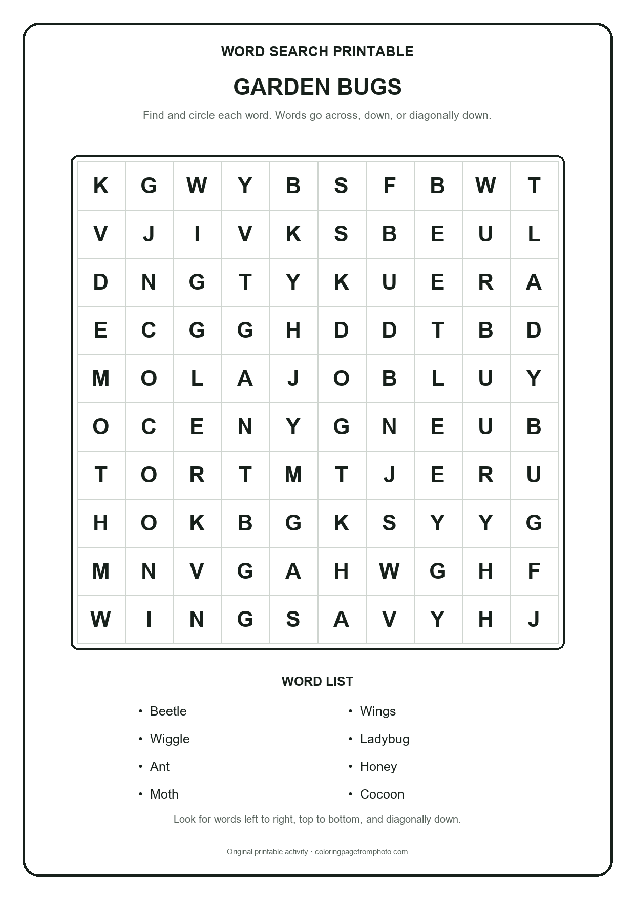 Printable garden bugs word search puzzle with a 10 by 10 letter grid and word list