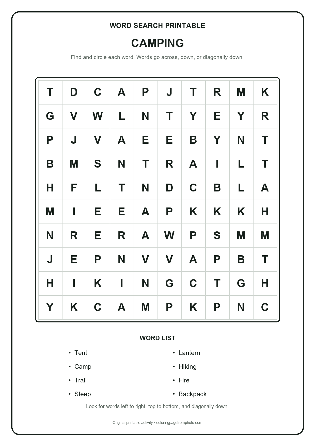 Printable camping word search puzzle with a 10 by 10 letter grid and word list
