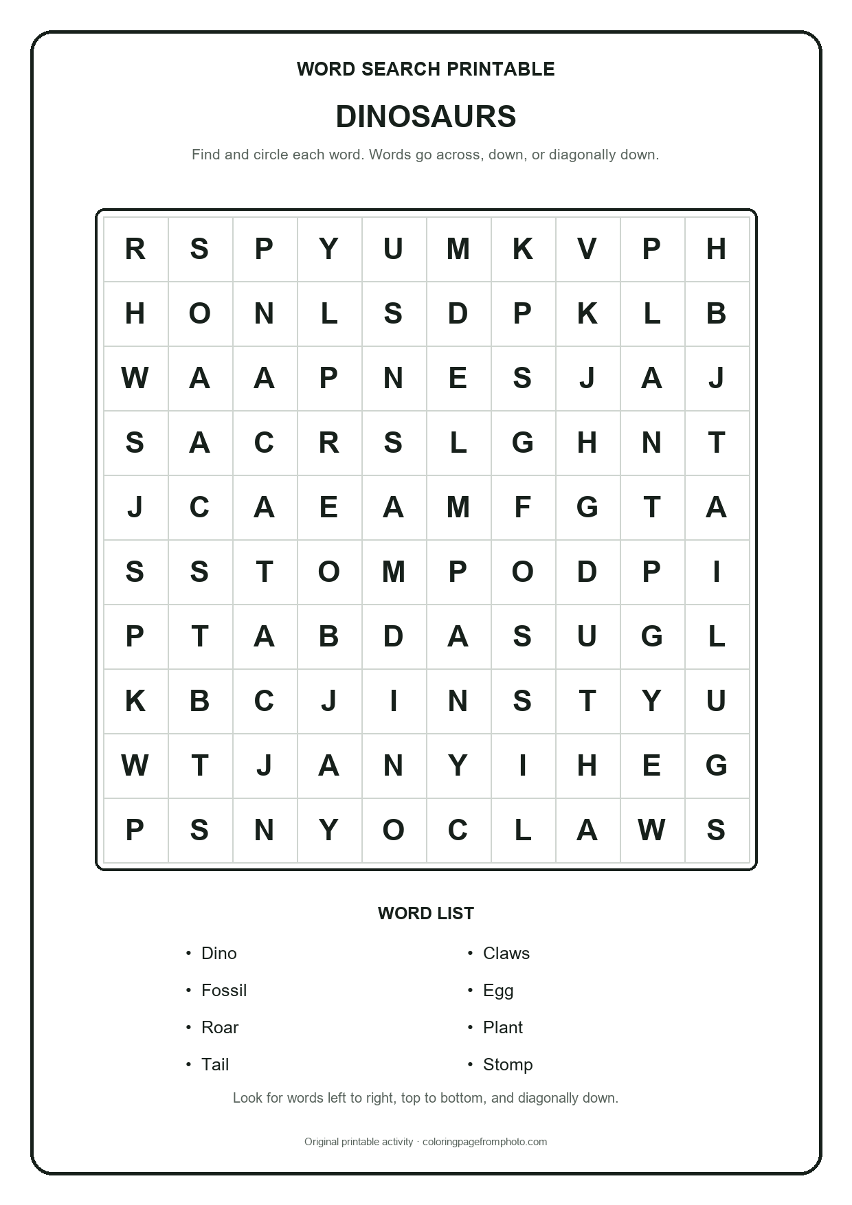 Printable dinosaurs word search puzzle with a 10 by 10 letter grid and word list
