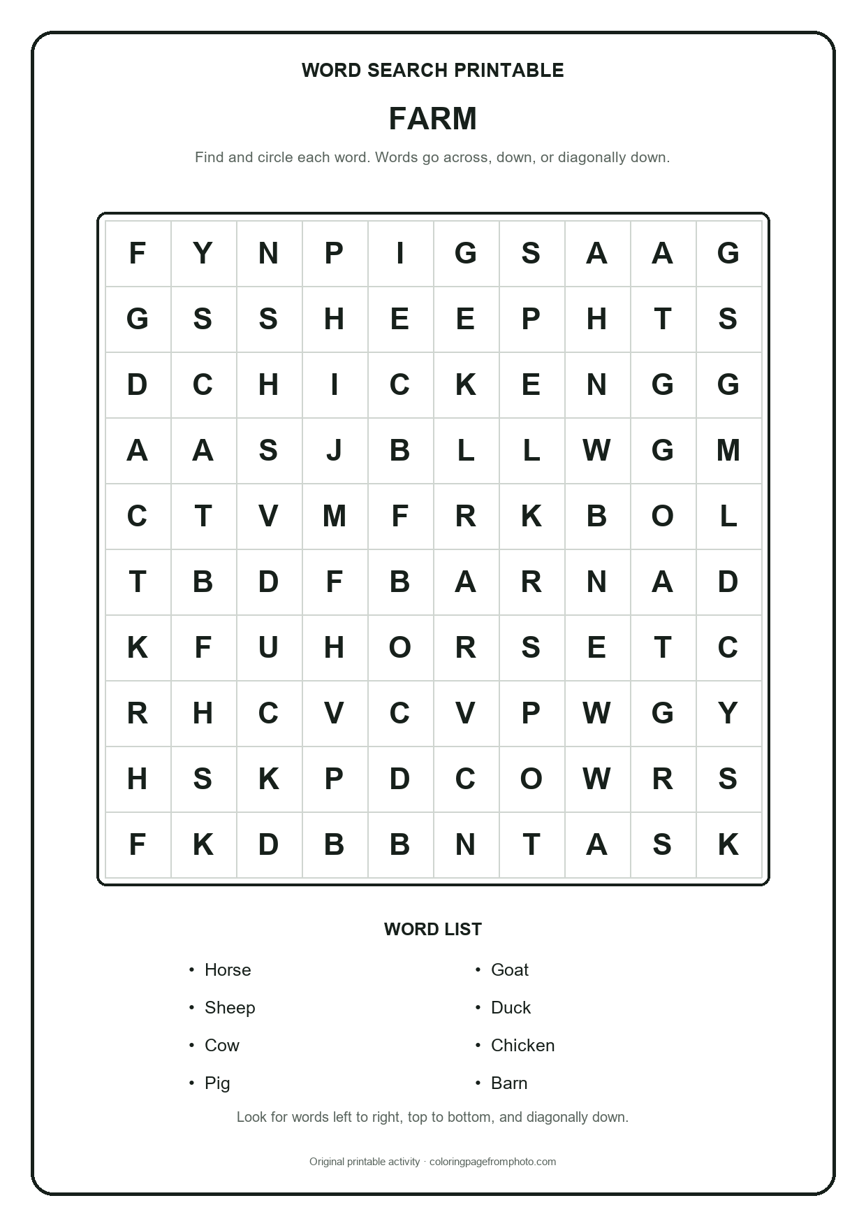Printable farm word search puzzle with a 10 by 10 letter grid and word list