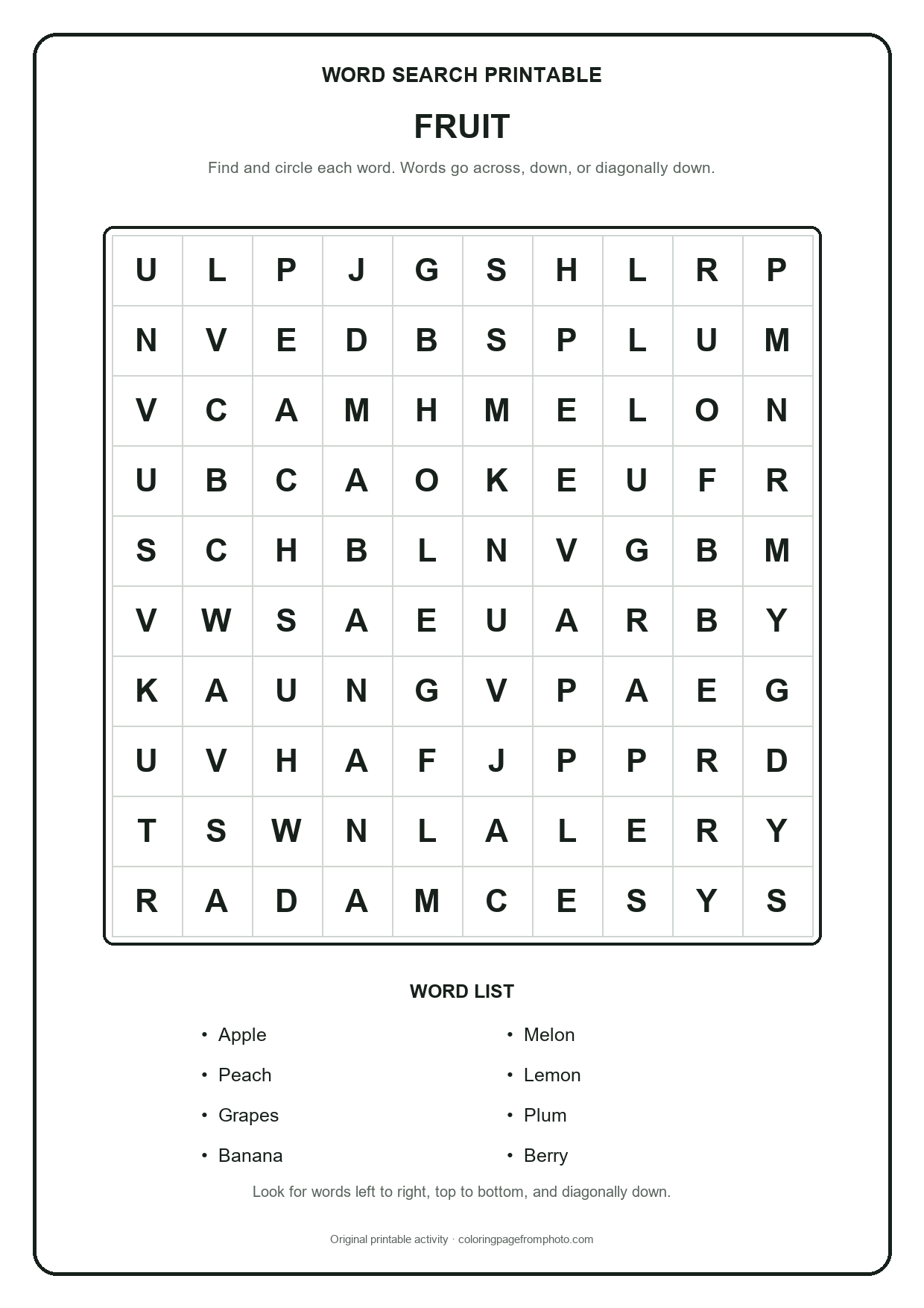 Printable fruit word search puzzle with a 10 by 10 letter grid and word list