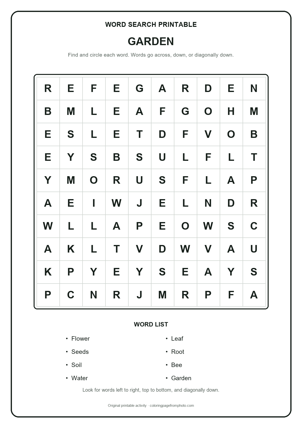 Printable garden word search puzzle with a 10 by 10 letter grid and word list