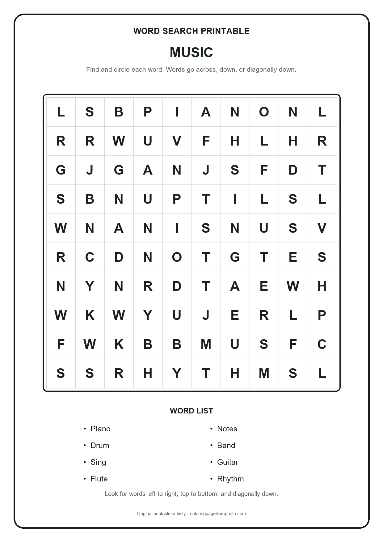 Printable music word search puzzle with a 10 by 10 letter grid and word list