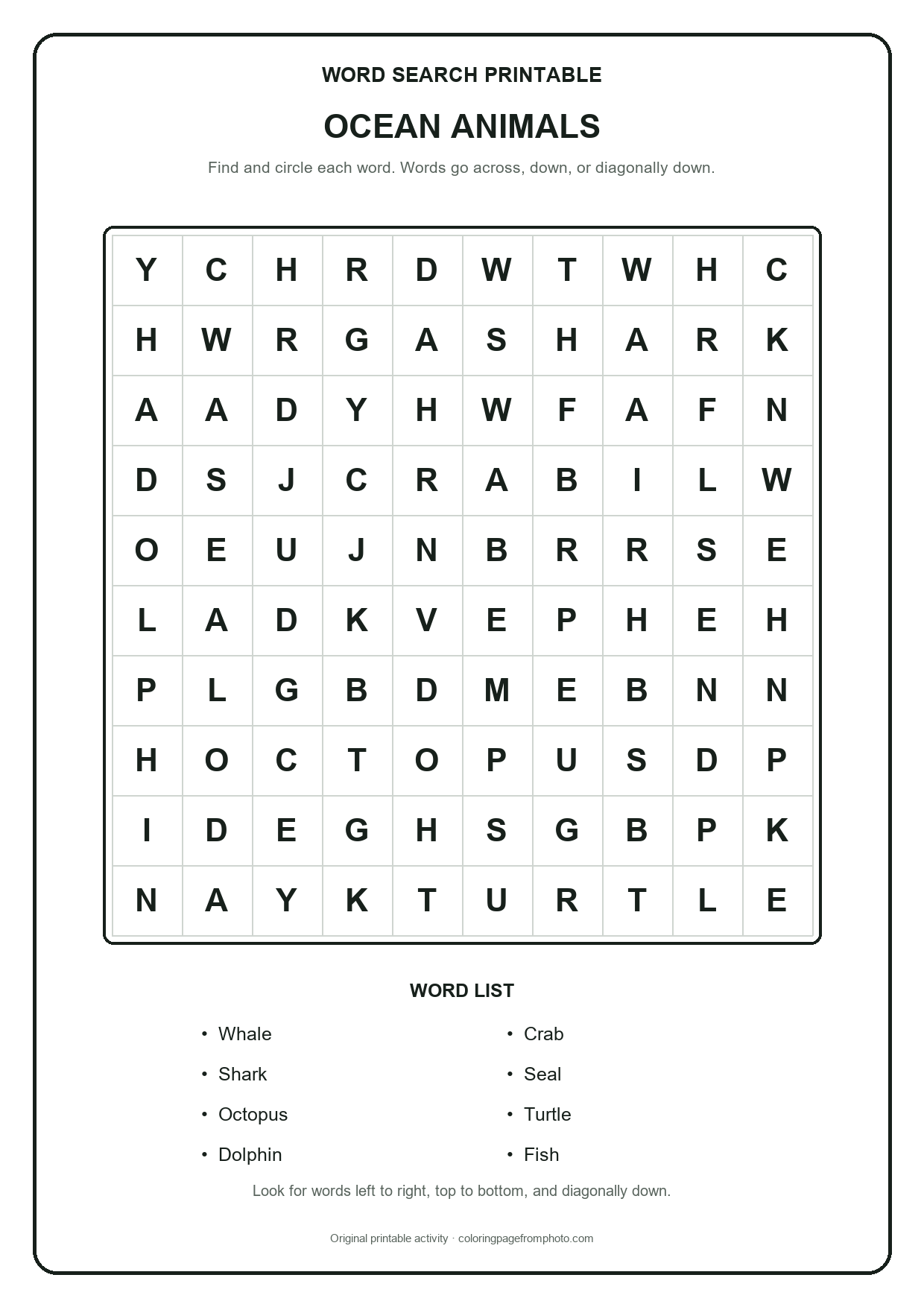 Printable ocean animals word search puzzle with a 10 by 10 letter grid and word list