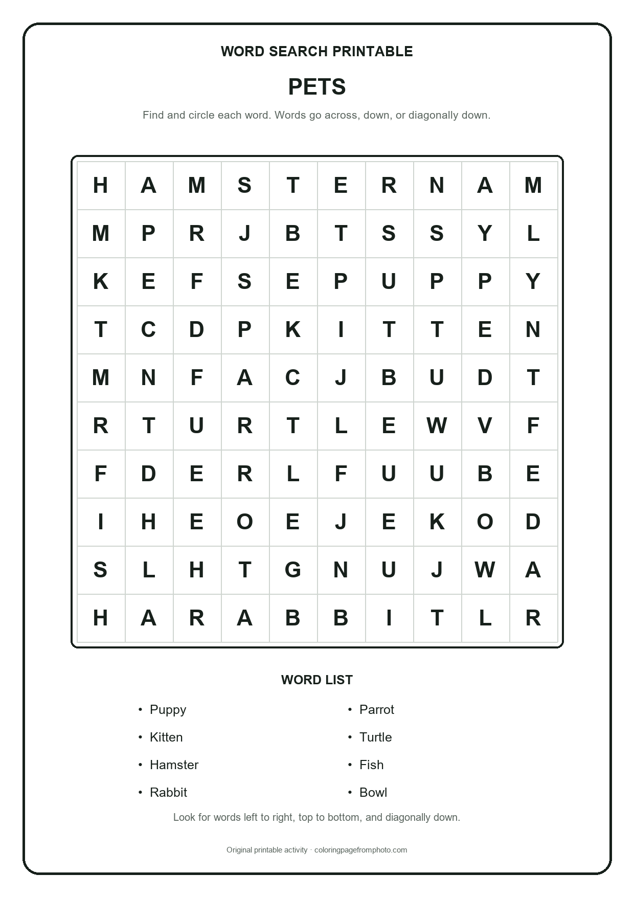 Printable pets word search puzzle with a 10 by 10 letter grid and word list