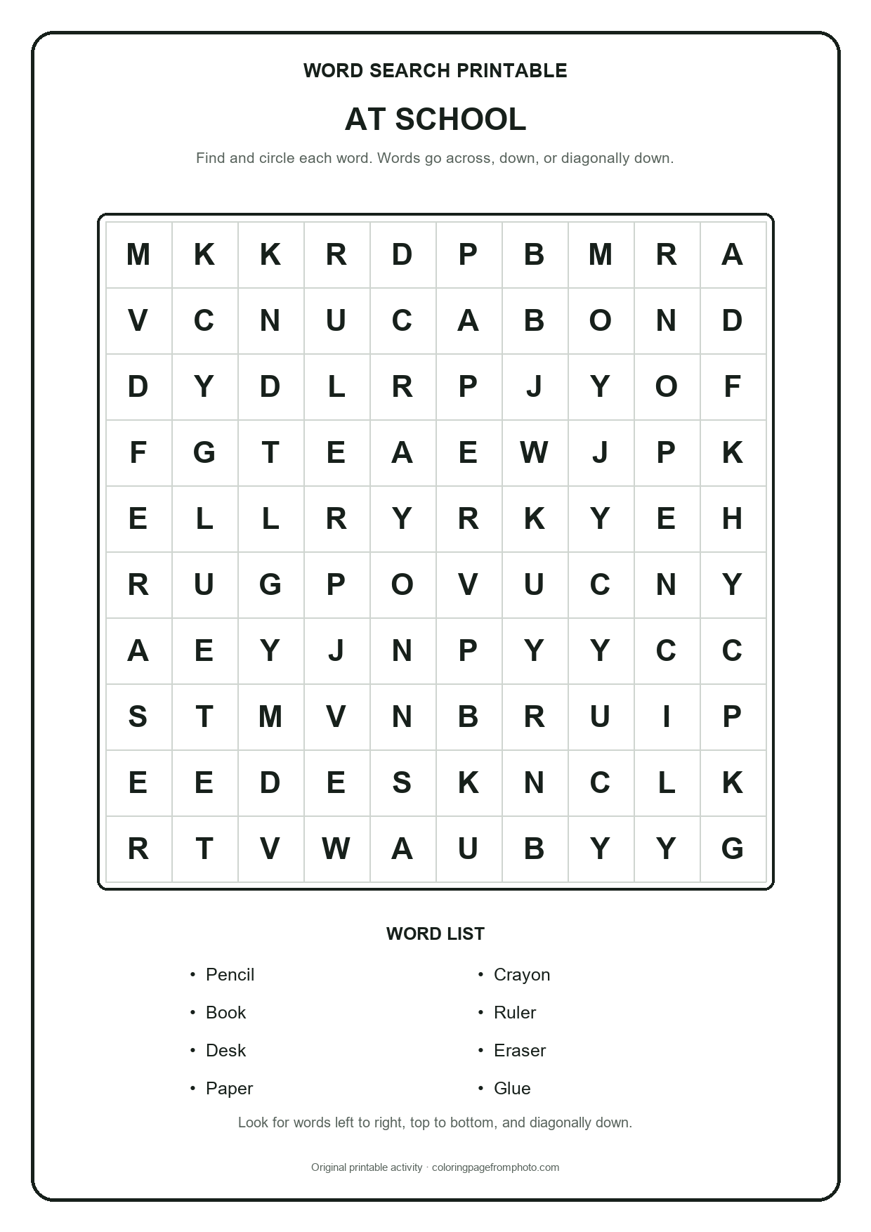Printable at school word search puzzle with a 10 by 10 letter grid and word list