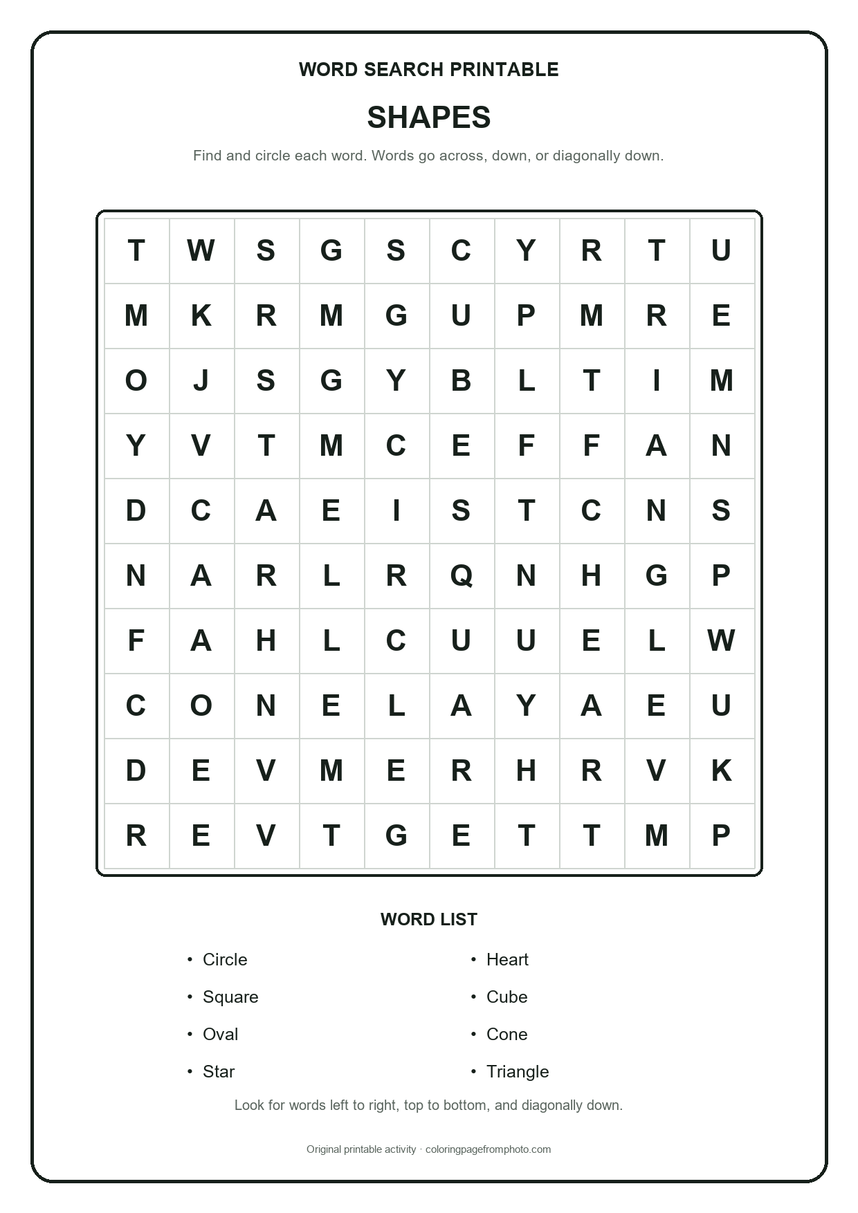 Printable shapes word search puzzle with a 10 by 10 letter grid and word list