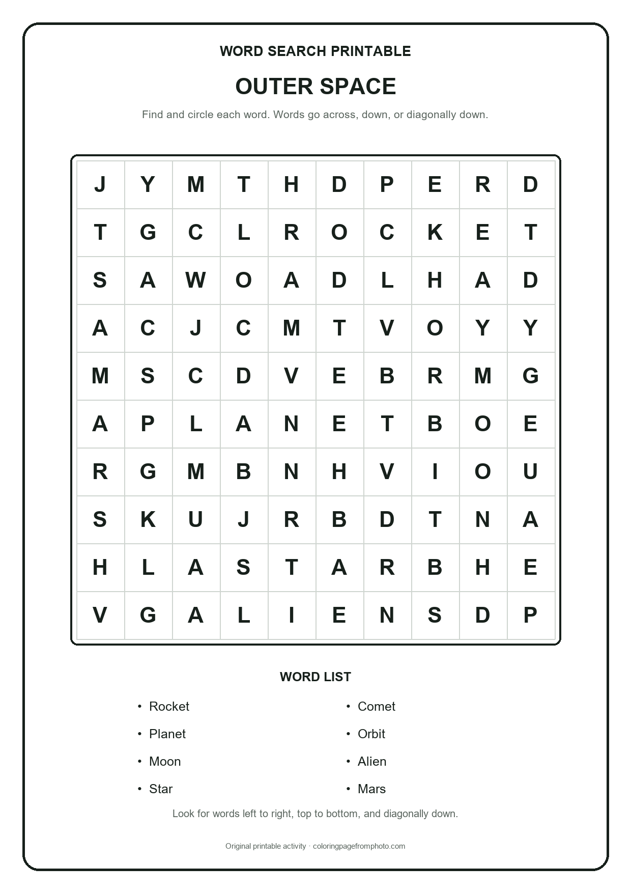 Printable outer space word search puzzle with a 10 by 10 letter grid and word list