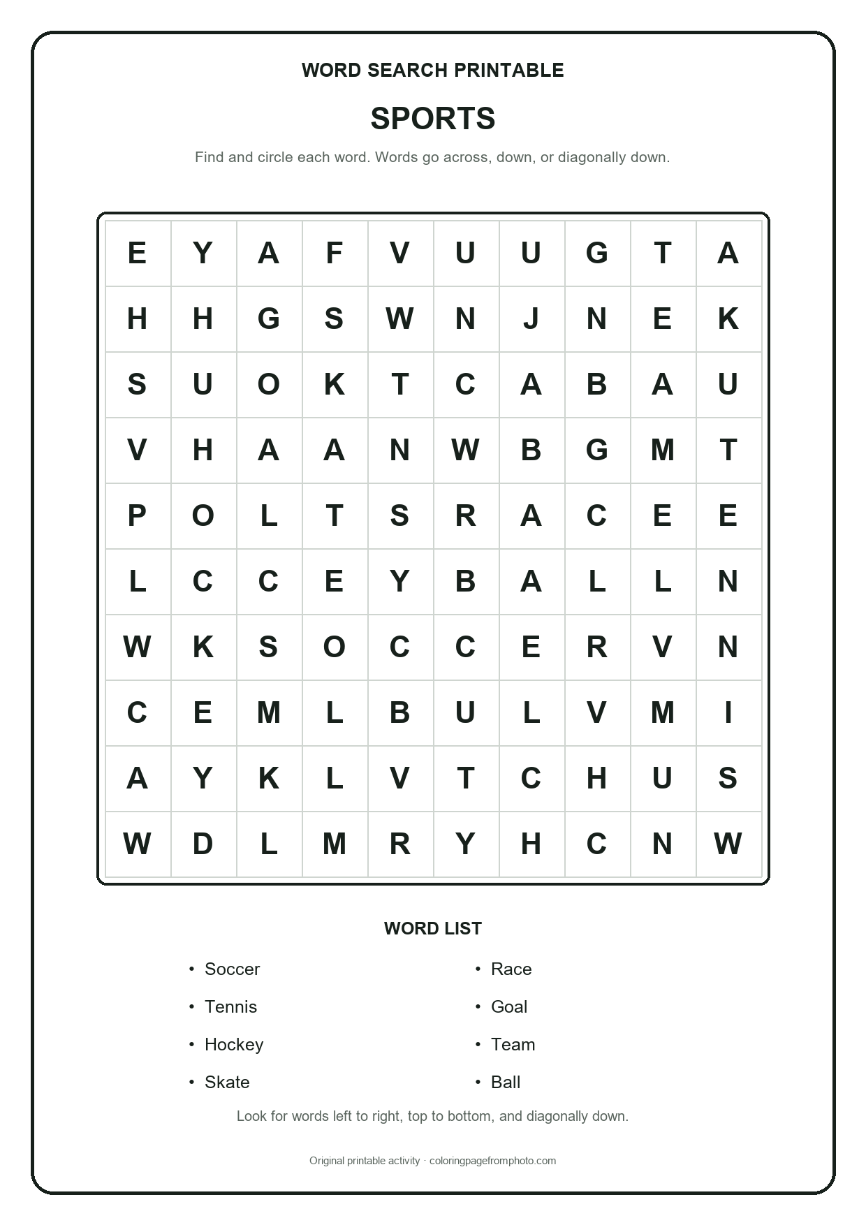 Printable sports word search puzzle with a 10 by 10 letter grid and word list